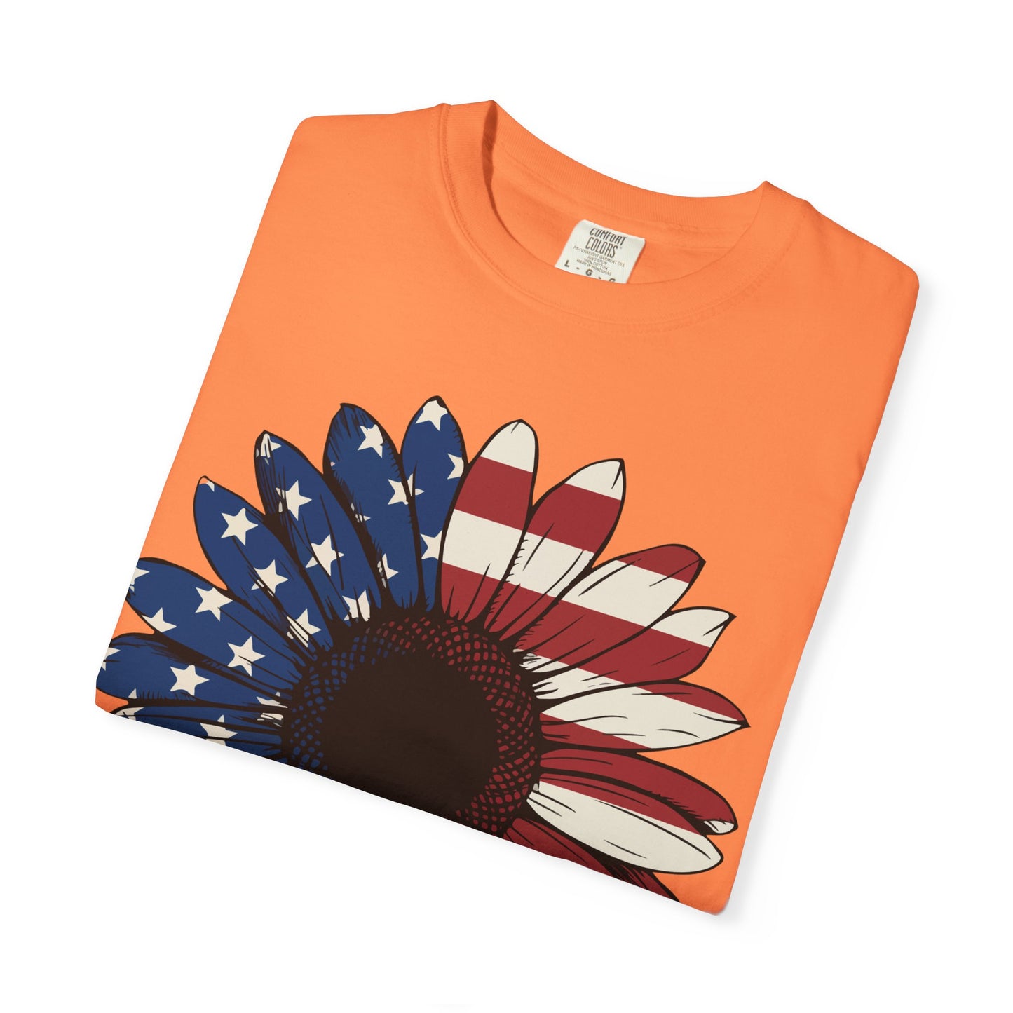Patriotic Sun Flower Comfort ColorsT-Shirt, USA Flag Tee, Unisex Graphic T-Shirt for Independence Day, Summer Picnic, Gift for Americans