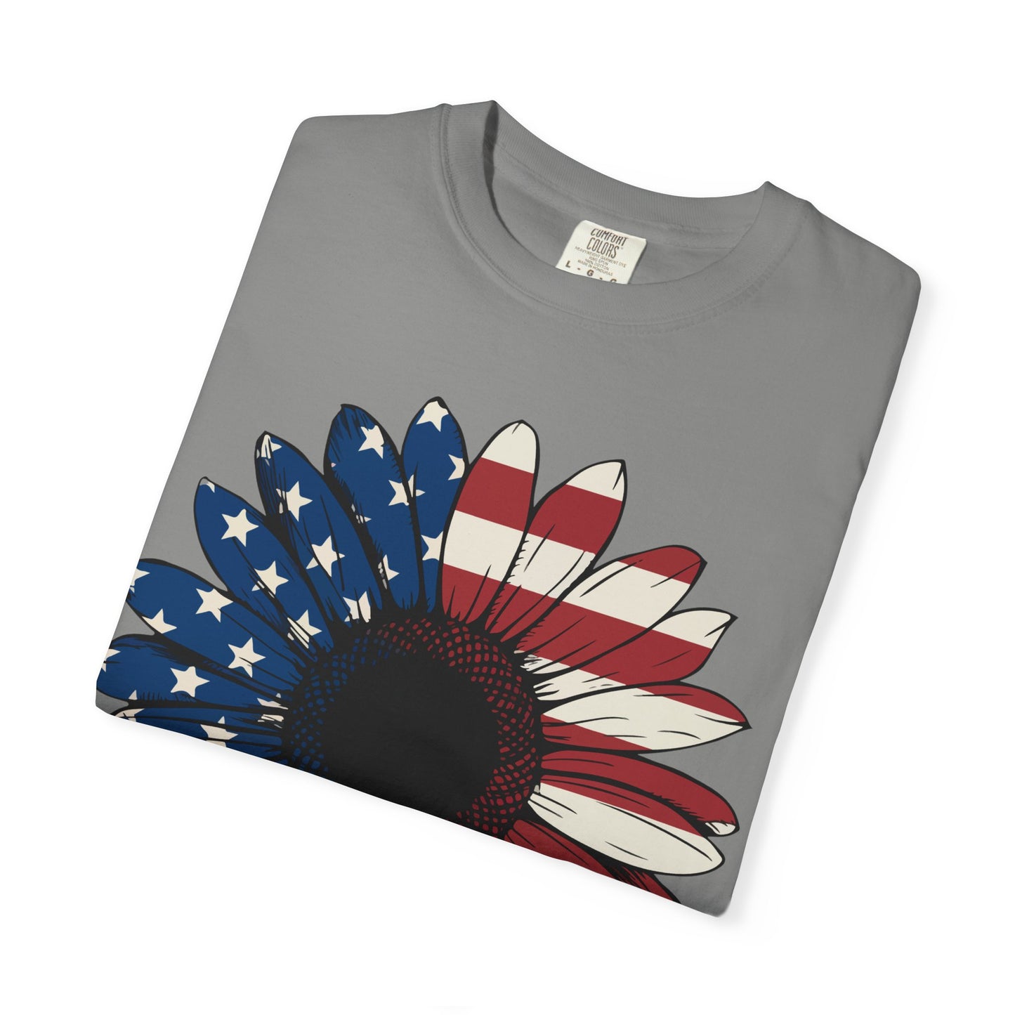 Patriotic Sun Flower Comfort ColorsT-Shirt, USA Flag Tee, Unisex Graphic T-Shirt for Independence Day, Summer Picnic, Gift for Americans