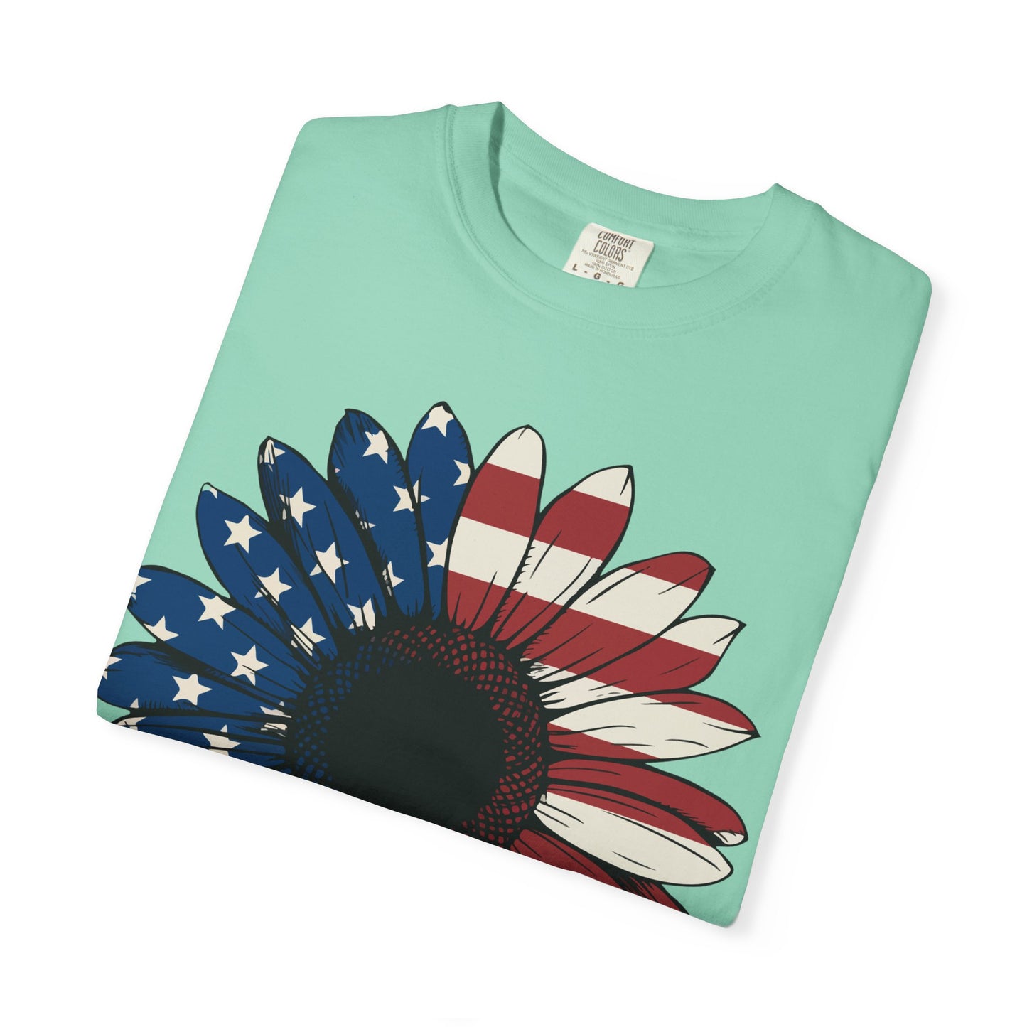 Patriotic Sun Flower Comfort ColorsT-Shirt, USA Flag Tee, Unisex Graphic T-Shirt for Independence Day, Summer Picnic, Gift for Americans