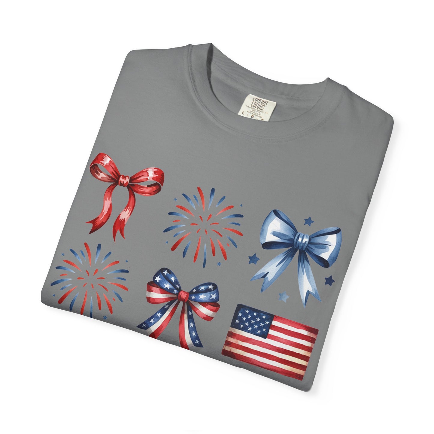Patriotic Pride T-Shirt | 'Stars, Stripes & Bows' Americana Graphic TeeAmerican Flags, Bows, Fireworks | 4th of July & Memorial Day Graphics