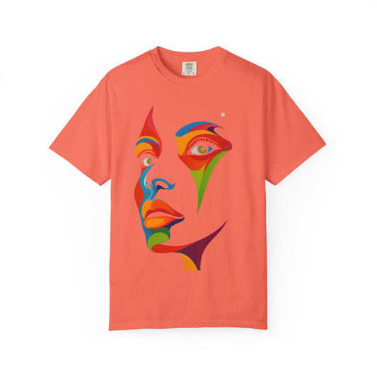 Bold Abstract Rainbow Face Art T-Shirt Colorful Expressionist Portrait Tee Artistic Streetwear Shirt
