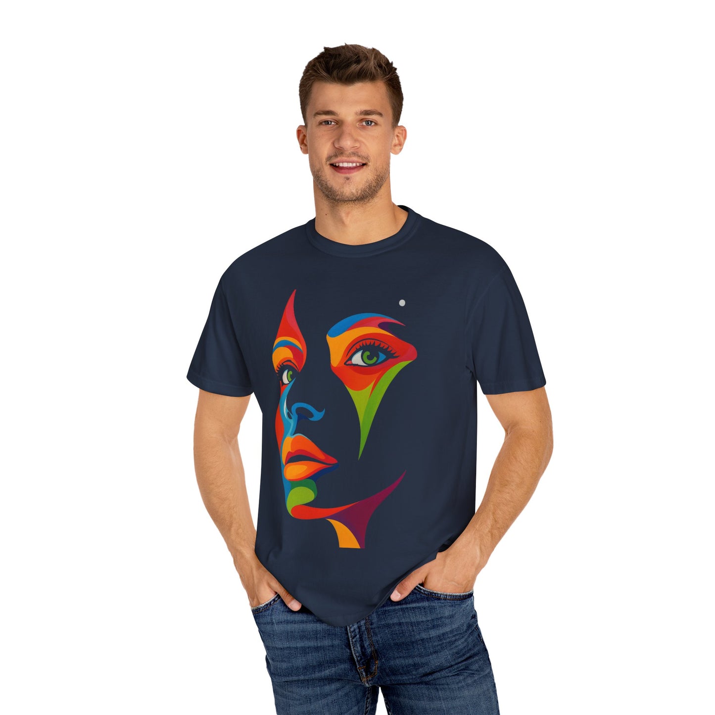 Bold Abstract Rainbow Face Art T-Shirt Colorful Expressionist Portrait Tee  Artistic Streetwear Shirt