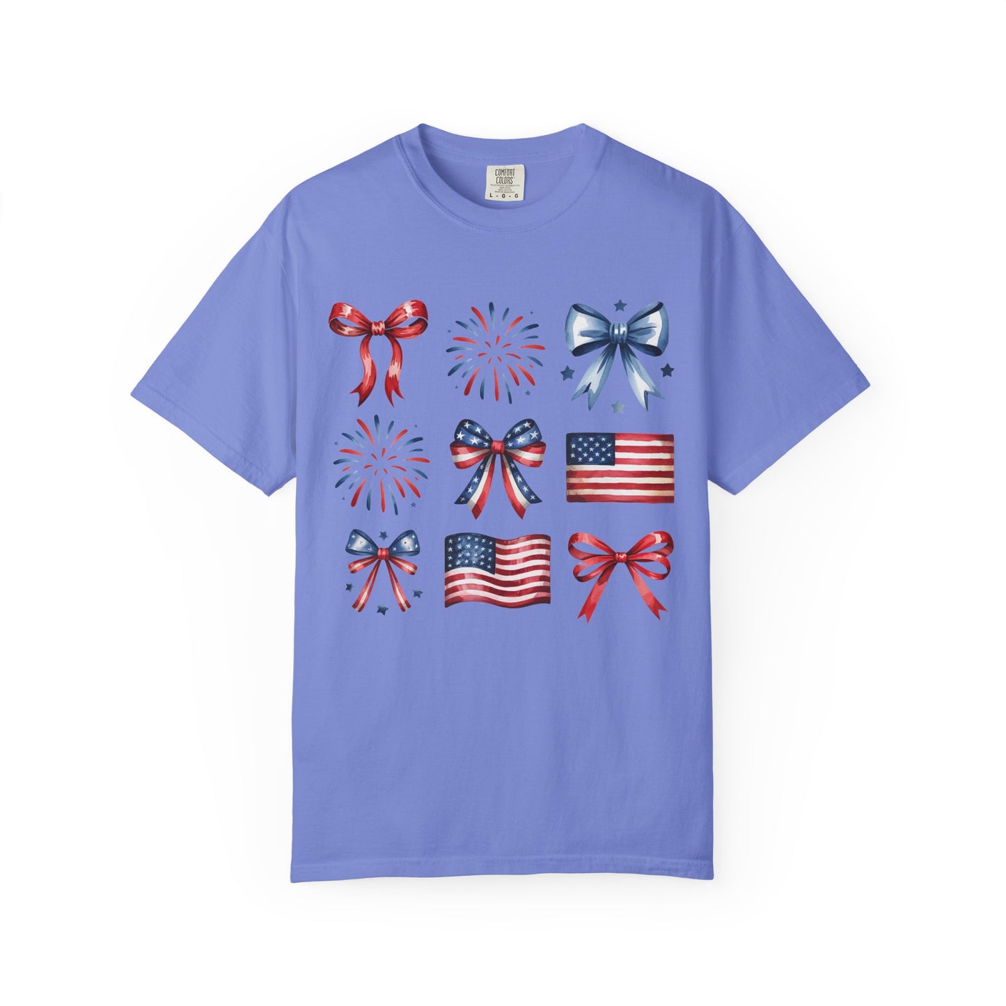 Patriotic Pride T-Shirt | 'Stars, Stripes & Bows' Americana Graphic TeeAmerican Flags, Bows, Fireworks | 4th of July & Memorial Day Graphics