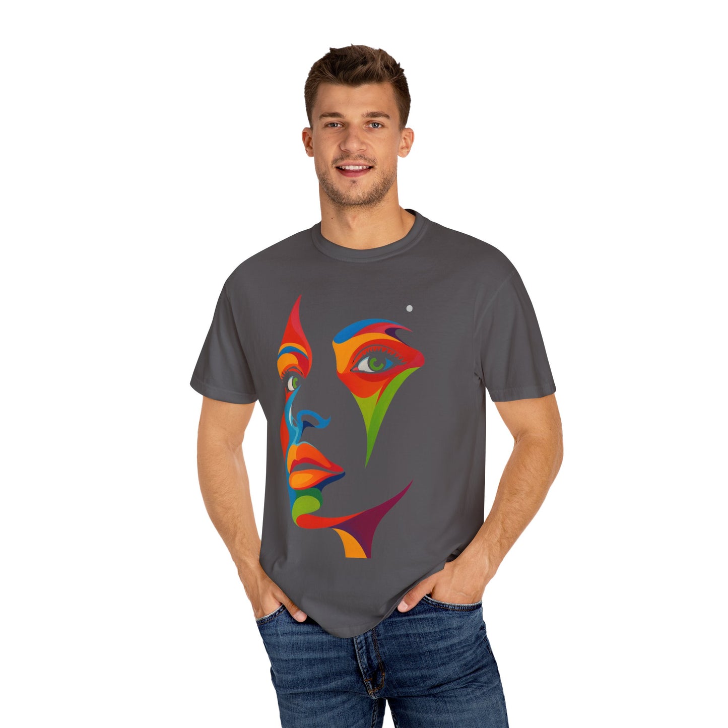 Bold Abstract Rainbow Face Art T-Shirt Colorful Expressionist Portrait Tee  Artistic Streetwear Shirt