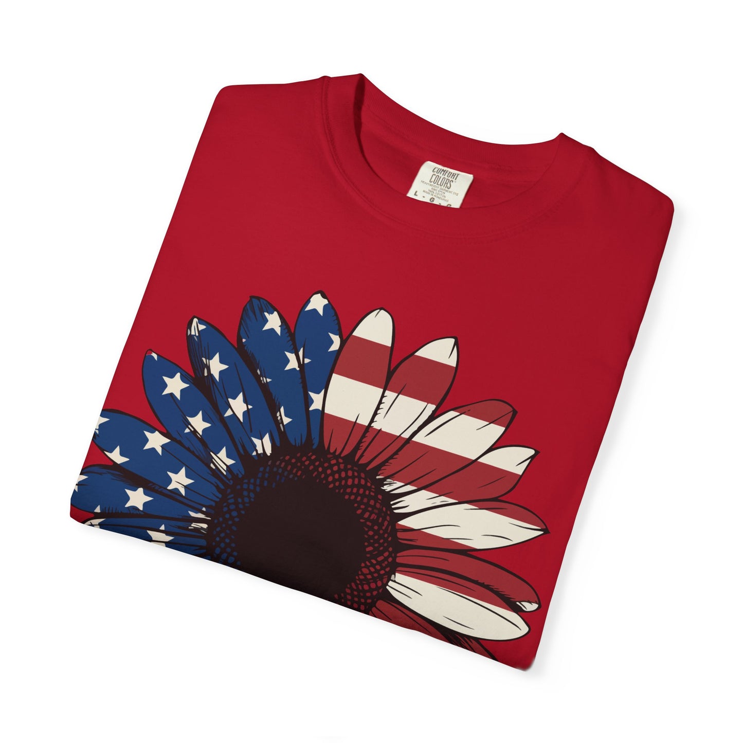 Patriotic Sun Flower Comfort ColorsT-Shirt, USA Flag Tee, Unisex Graphic T-Shirt for Independence Day, Summer Picnic, Gift for Americans