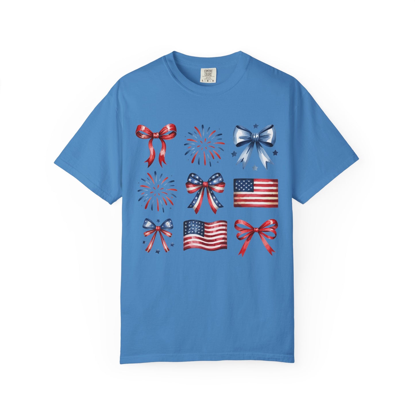 Patriotic Pride T-Shirt | 'Stars, Stripes & Bows' Americana Graphic TeeAmerican Flags, Bows, Fireworks | 4th of July & Memorial Day Graphics