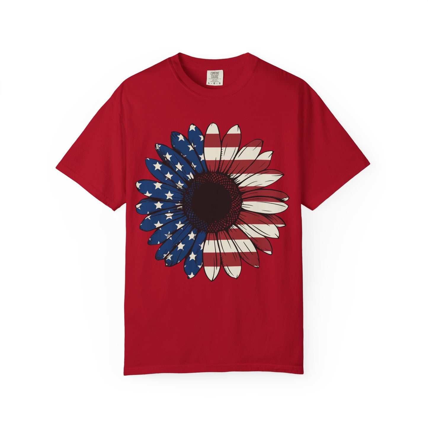 Patriotic Sun Flower Comfort ColorsT-Shirt, USA Flag Tee, Unisex Graphic T-Shirt for Independence Day, Summer Picnic, Gift for Americans