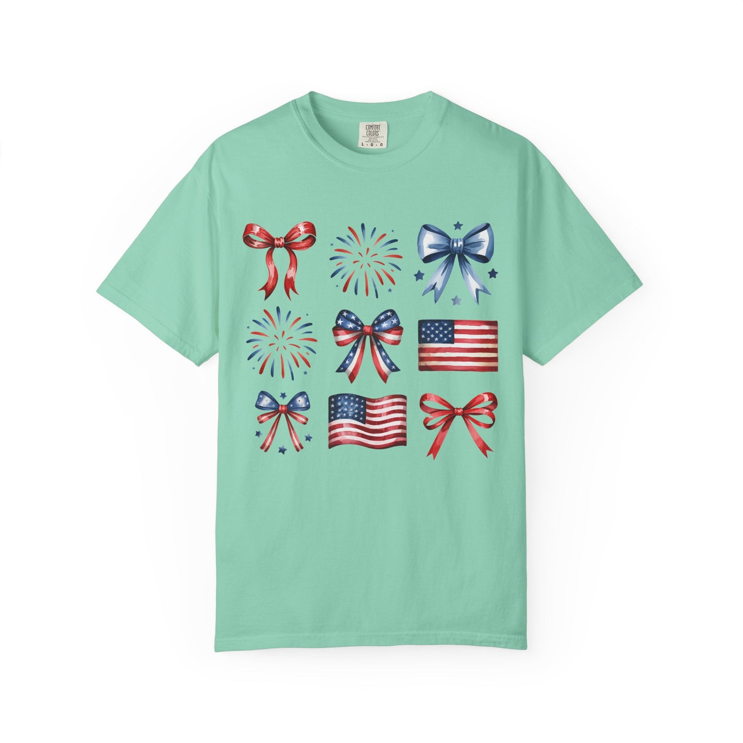 Patriotic Pride T-Shirt | 'Stars, Stripes & Bows' Americana Graphic TeeAmerican Flags, Bows, Fireworks | 4th of July & Memorial Day Graphics