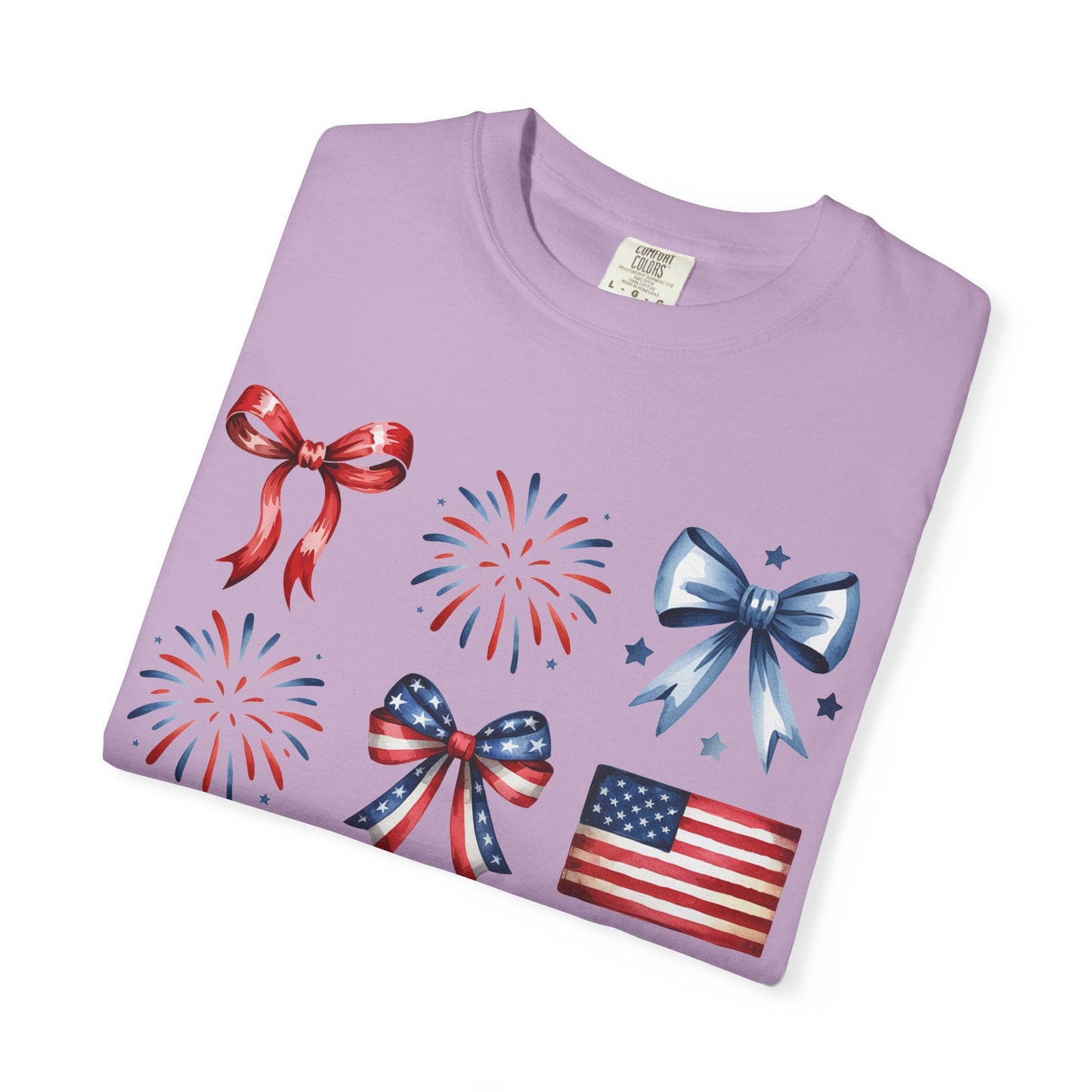 Patriotic Pride T-Shirt | 'Stars, Stripes & Bows' Americana Graphic TeeAmerican Flags, Bows, Fireworks | 4th of July & Memorial Day Graphics