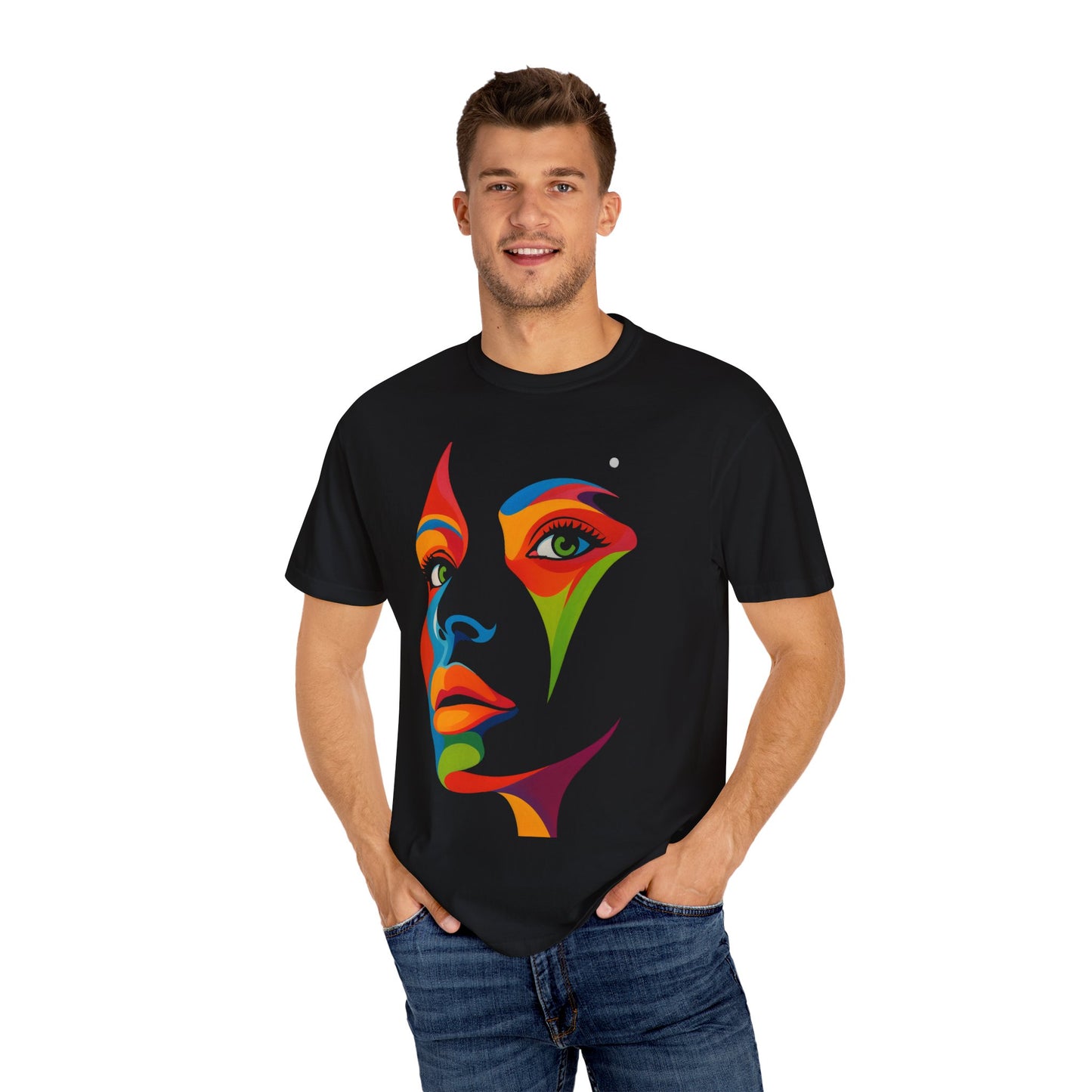 Bold Abstract Rainbow Face Art T-Shirt Colorful Expressionist Portrait Tee  Artistic Streetwear Shirt