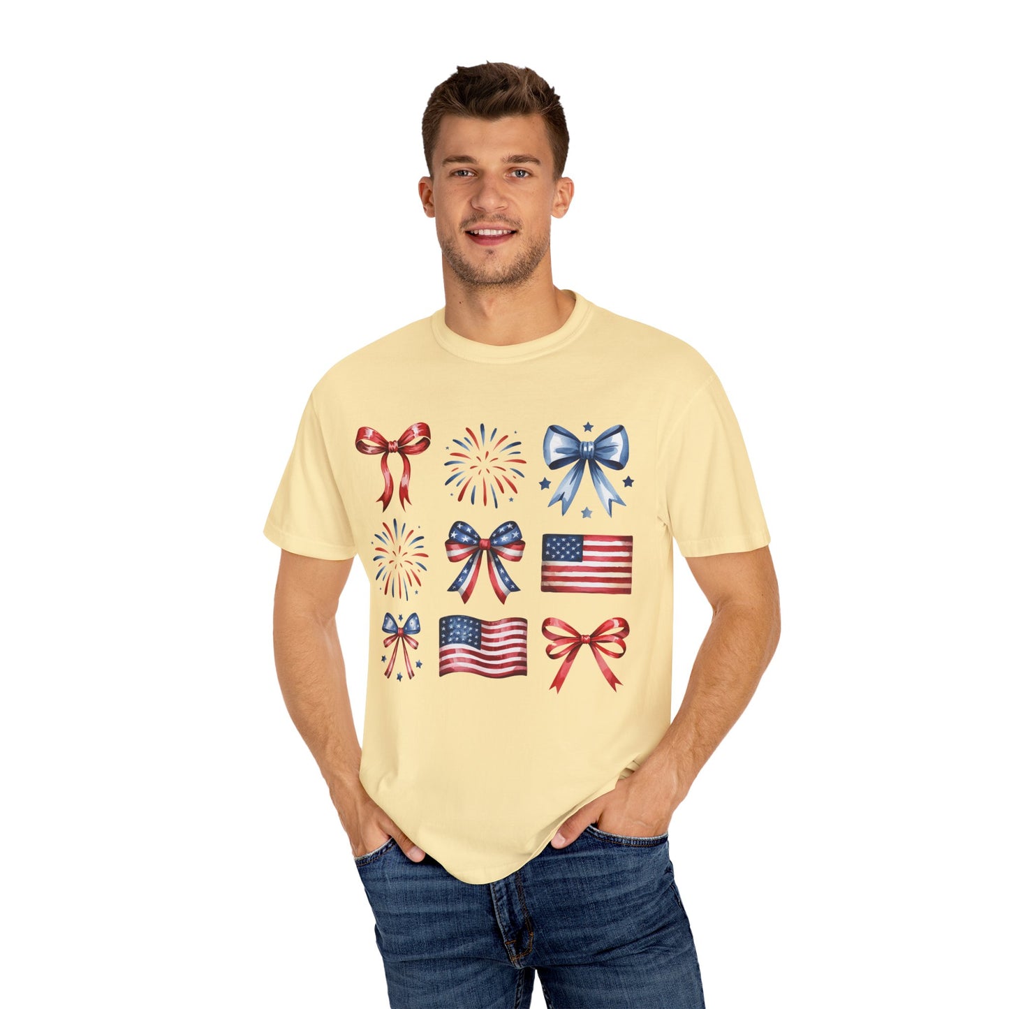 Patriotic Pride T-Shirt | 'Stars, Stripes & Bows' Americana Graphic TeeAmerican Flags, Bows, Fireworks | 4th of July & Memorial Day Graphics