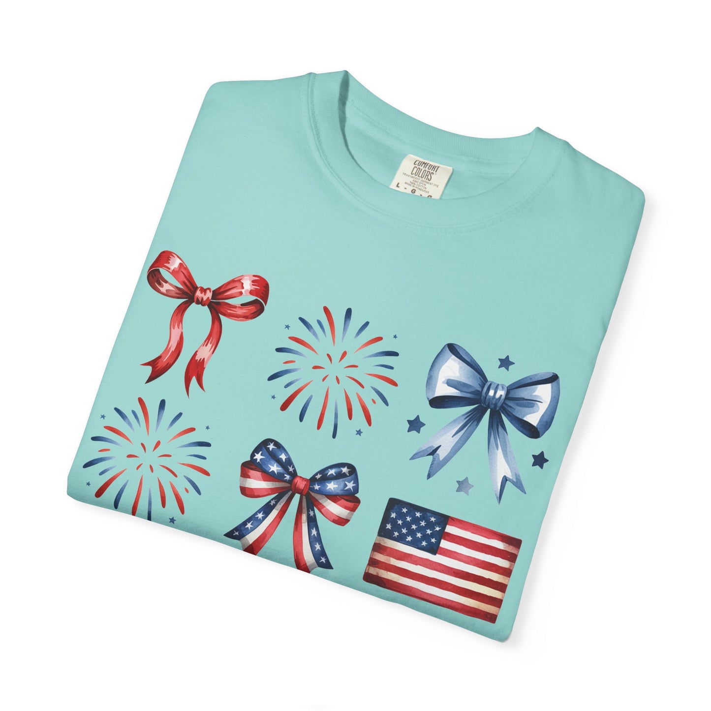Patriotic Pride T-Shirt | 'Stars, Stripes & Bows' Americana Graphic TeeAmerican Flags, Bows, Fireworks | 4th of July & Memorial Day Graphics