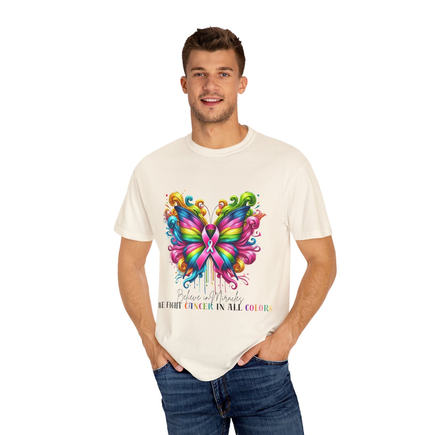 Colorful Butterfly Cancer Awareness Comfort Colors T-Shirt - Believe in Miracles, Fight Together