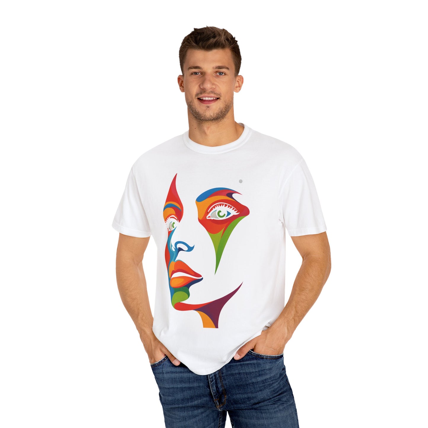 Bold Abstract Rainbow Face Art T-Shirt Colorful Expressionist Portrait Tee  Artistic Streetwear Shirt