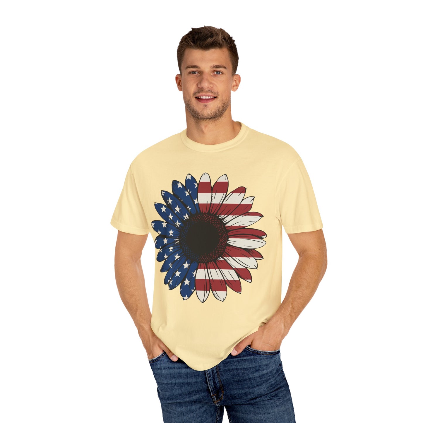 Patriotic Sun Flower Comfort ColorsT-Shirt, USA Flag Tee, Unisex Graphic T-Shirt for Independence Day, Summer Picnic, Gift for Americans