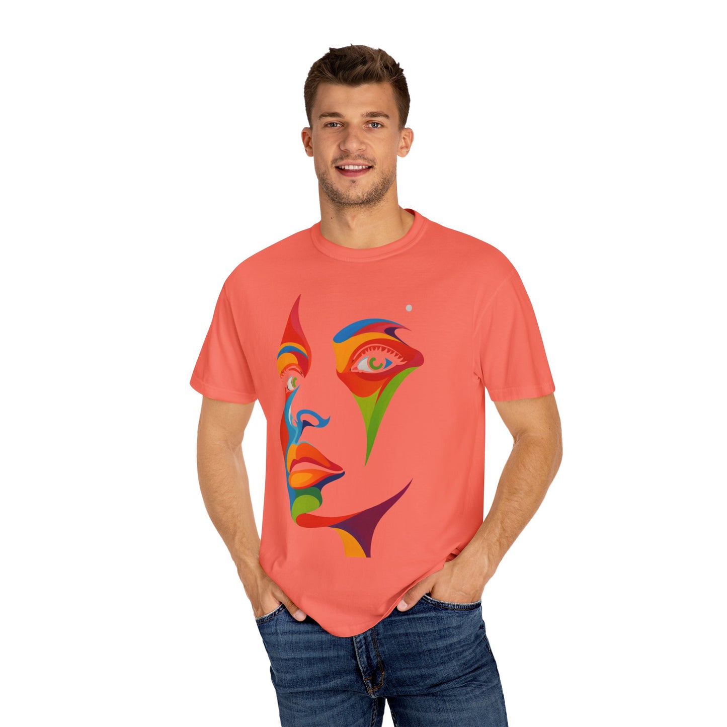 Bold Abstract Rainbow Face Art T-Shirt Colorful Expressionist Portrait Tee  Artistic Streetwear Shirt