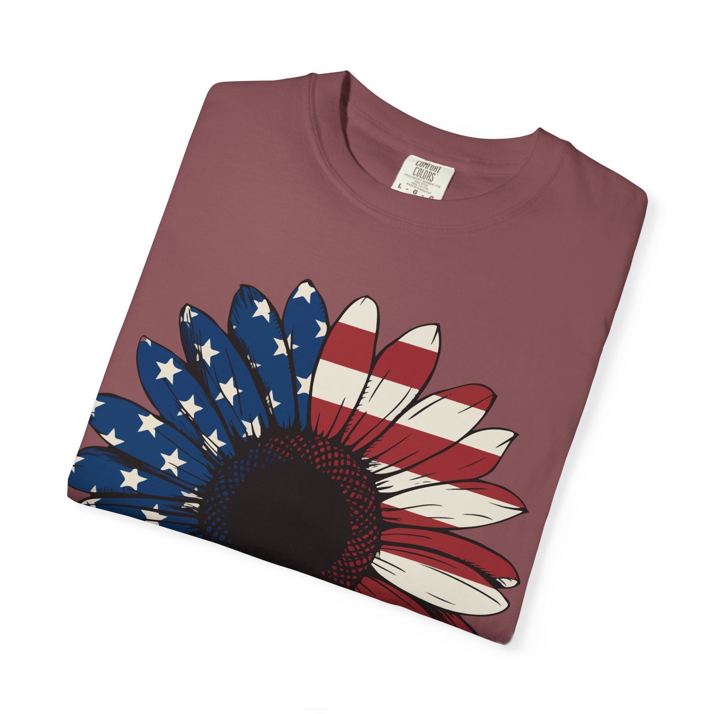 Patriotic Sun Flower Comfort ColorsT-Shirt, USA Flag Tee, Unisex Graphic T-Shirt for Independence Day, Summer Picnic, Gift for Americans