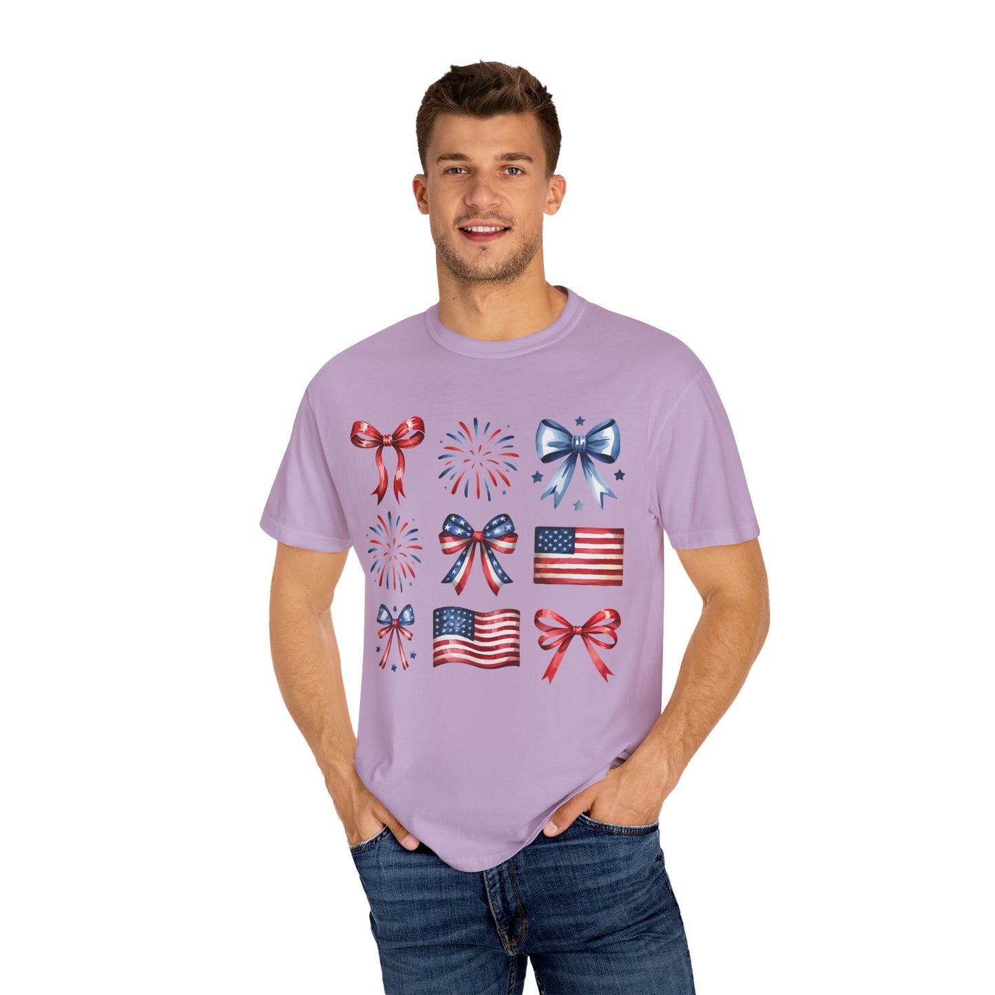 Patriotic Pride T-Shirt | 'Stars, Stripes & Bows' Americana Graphic TeeAmerican Flags, Bows, Fireworks | 4th of July & Memorial Day Graphics
