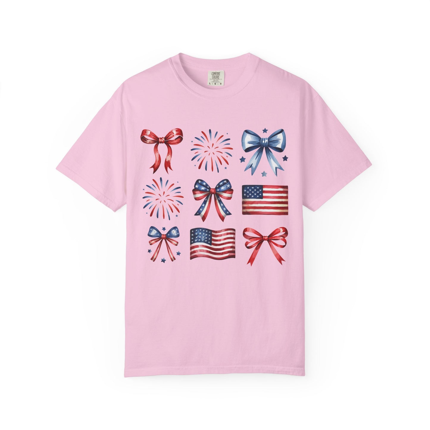 Patriotic Pride T-Shirt | 'Stars, Stripes & Bows' Americana Graphic TeeAmerican Flags, Bows, Fireworks | 4th of July & Memorial Day Graphics