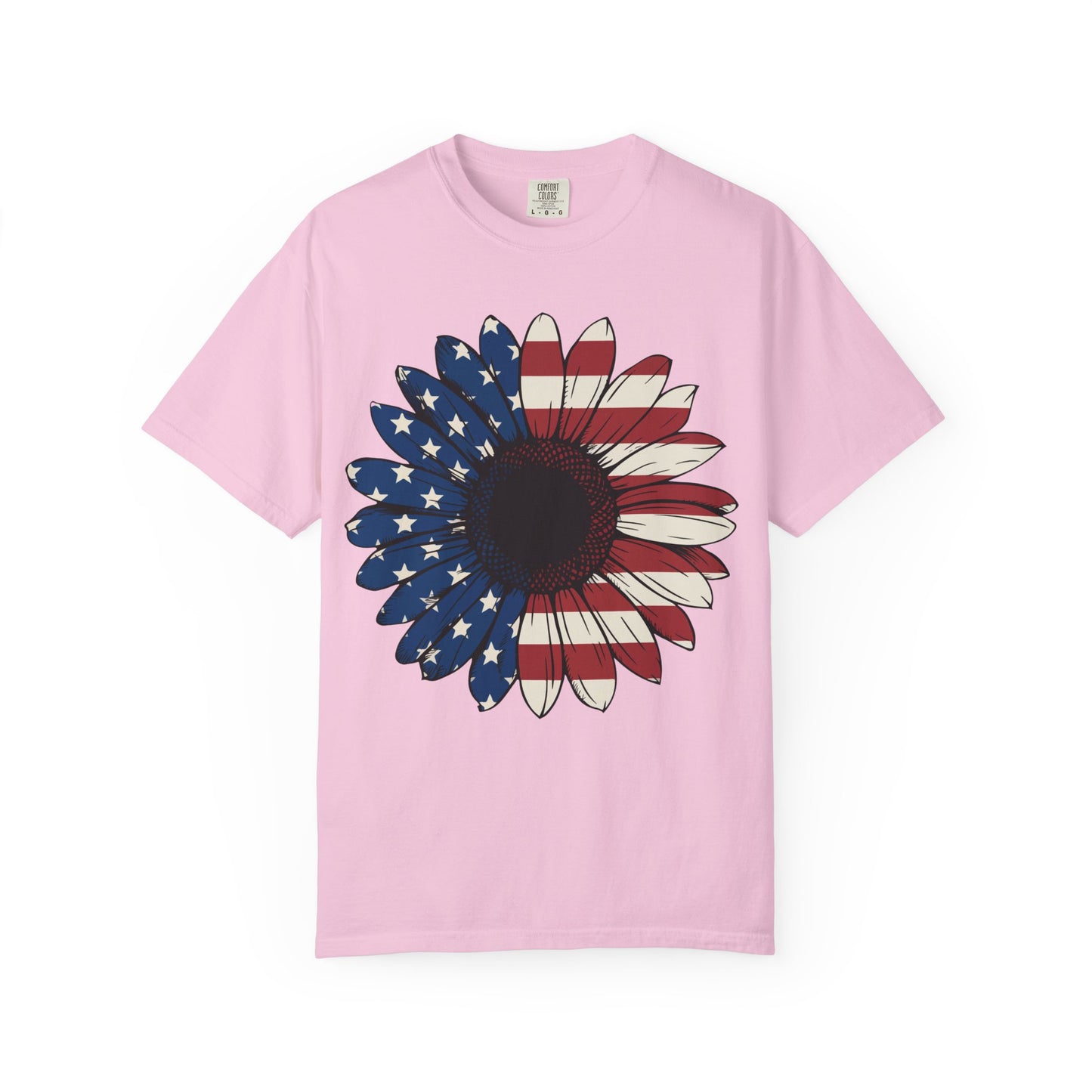 Patriotic Sun Flower Comfort ColorsT-Shirt, USA Flag Tee, Unisex Graphic T-Shirt for Independence Day, Summer Picnic, Gift for Americans