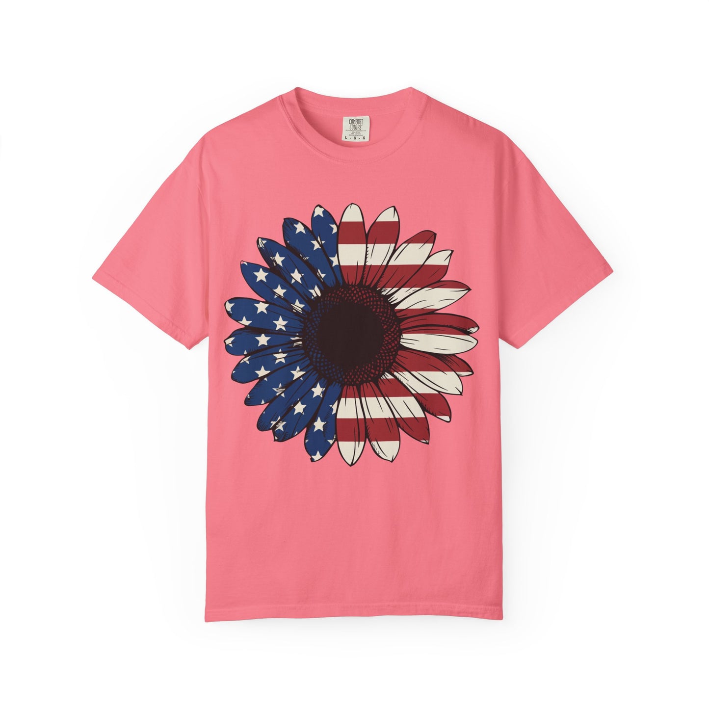 Patriotic Sun Flower Comfort ColorsT-Shirt, USA Flag Tee, Unisex Graphic T-Shirt for Independence Day, Summer Picnic, Gift for Americans