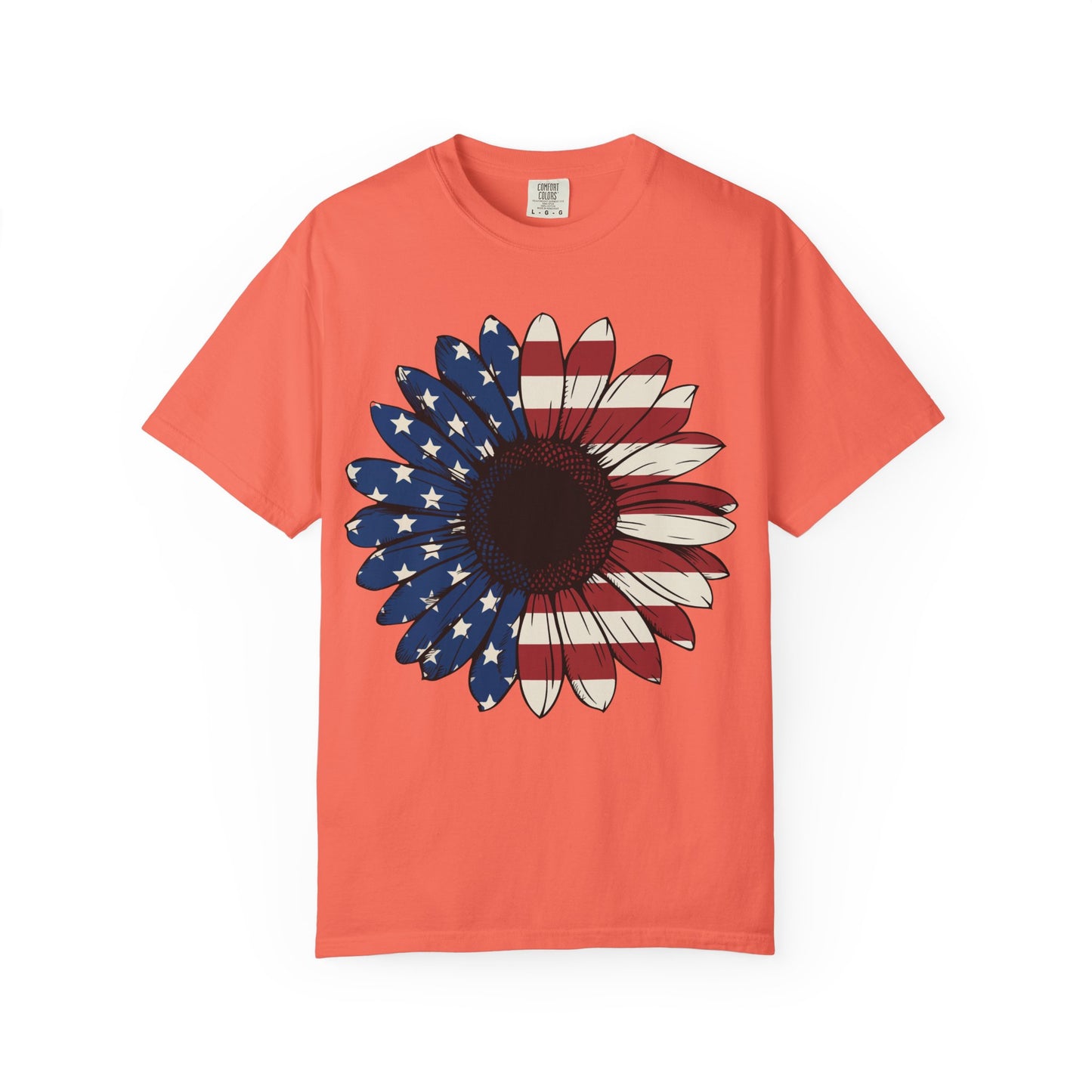 Patriotic Sun Flower Comfort ColorsT-Shirt, USA Flag Tee, Unisex Graphic T-Shirt for Independence Day, Summer Picnic, Gift for Americans