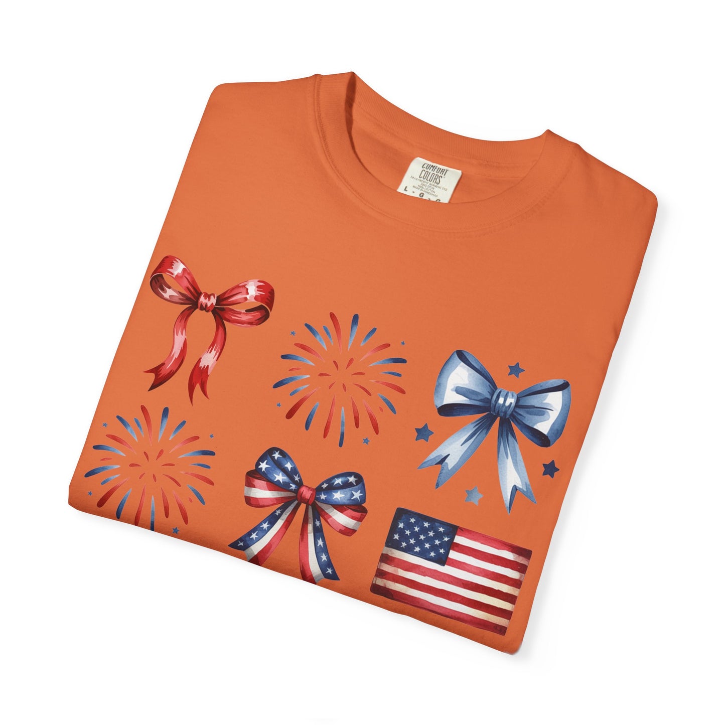 Patriotic Pride T-Shirt | 'Stars, Stripes & Bows' Americana Graphic TeeAmerican Flags, Bows, Fireworks | 4th of July & Memorial Day Graphics