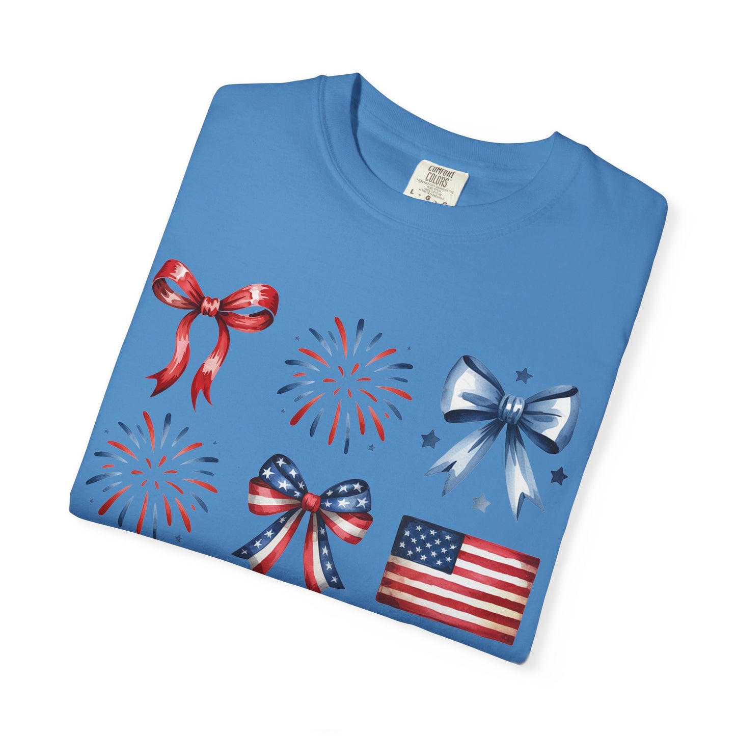 Patriotic Pride T-Shirt | 'Stars, Stripes & Bows' Americana Graphic TeeAmerican Flags, Bows, Fireworks | 4th of July & Memorial Day Graphics
