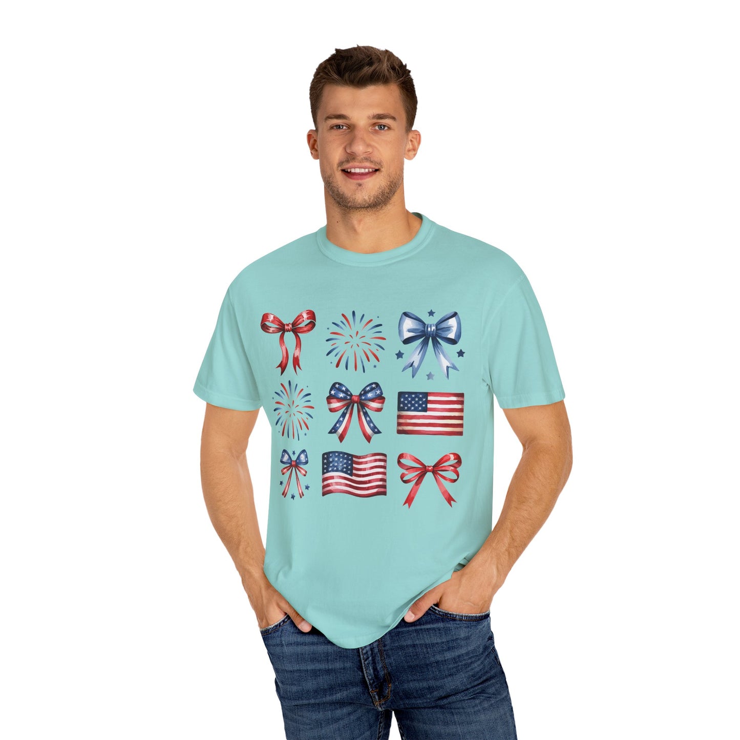 Patriotic Pride T-Shirt | 'Stars, Stripes & Bows' Americana Graphic TeeAmerican Flags, Bows, Fireworks | 4th of July & Memorial Day Graphics
