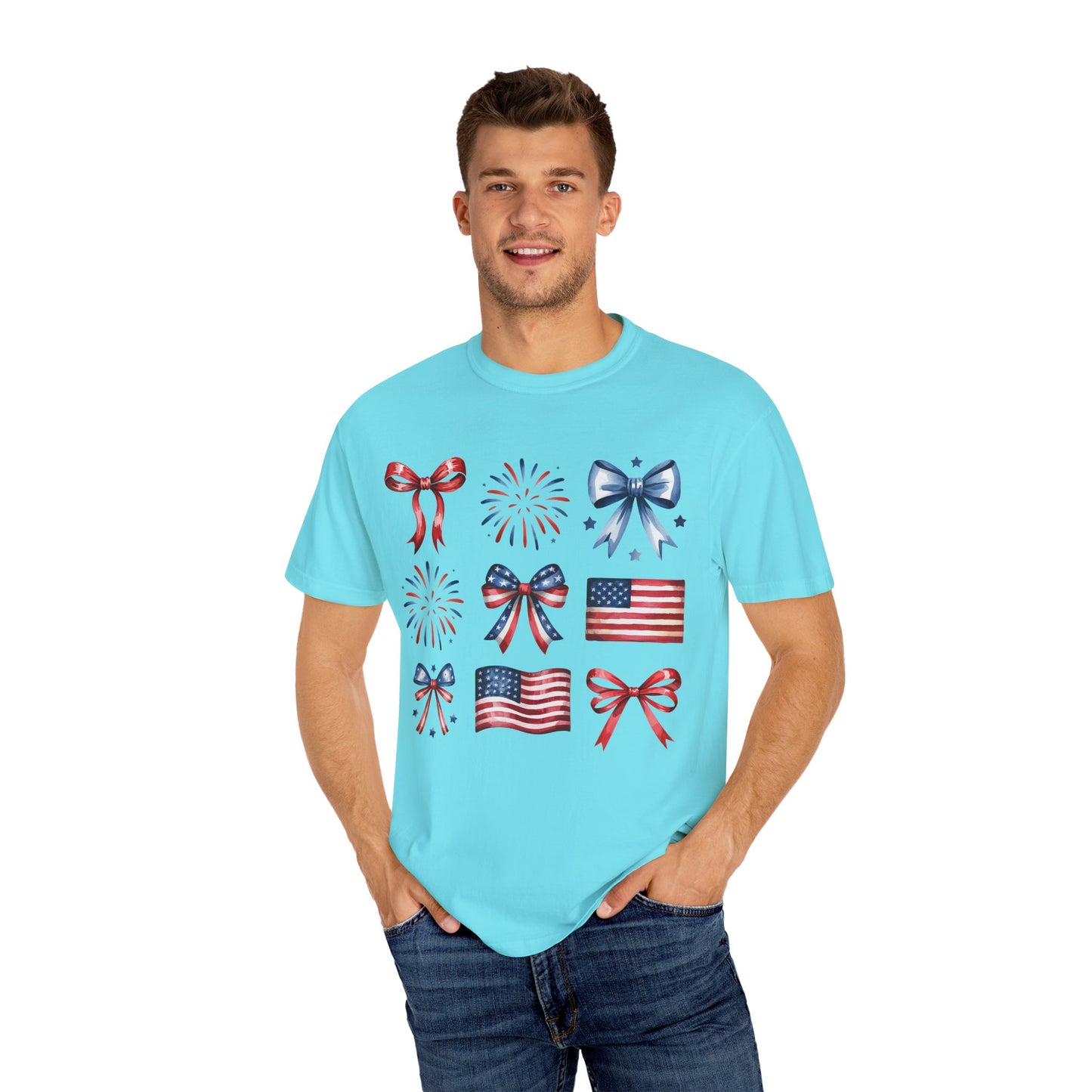 Patriotic Pride T-Shirt | 'Stars, Stripes & Bows' Americana Graphic TeeAmerican Flags, Bows, Fireworks | 4th of July & Memorial Day Graphics