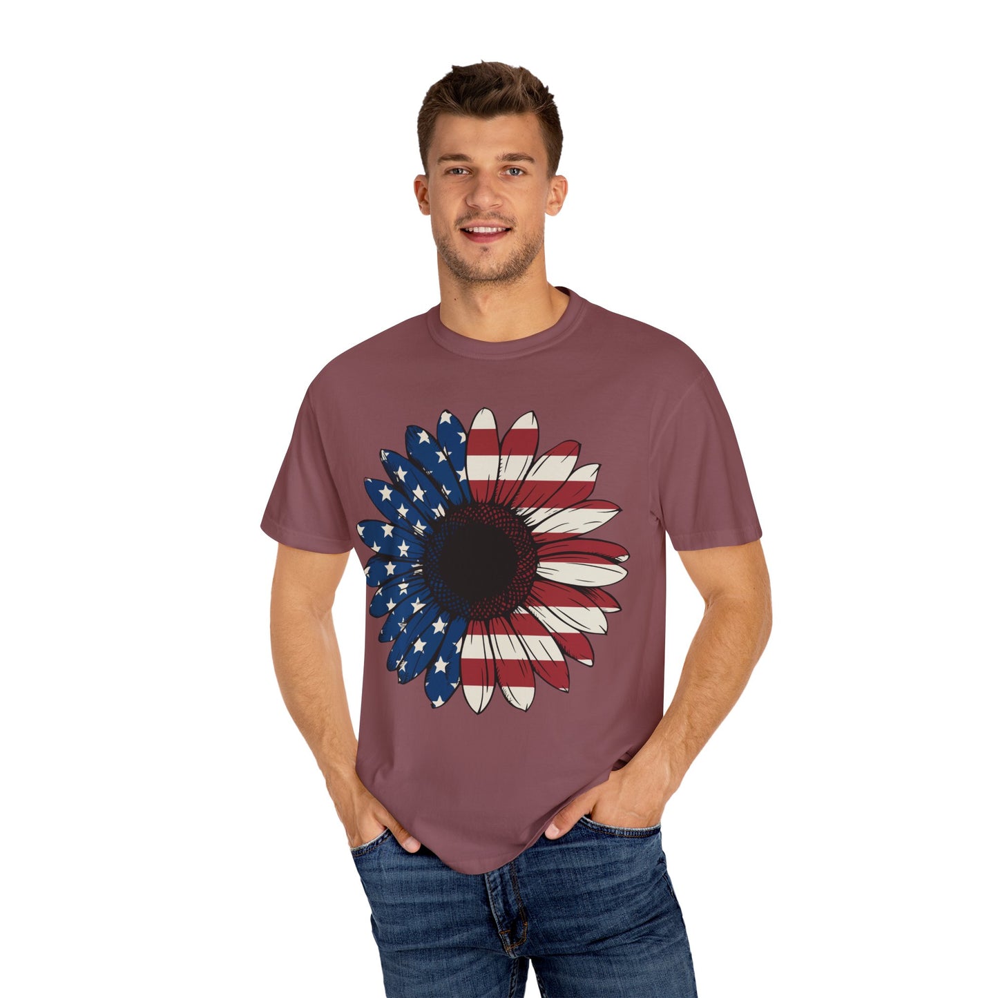 Patriotic Sun Flower Comfort ColorsT-Shirt, USA Flag Tee, Unisex Graphic T-Shirt for Independence Day, Summer Picnic, Gift for Americans