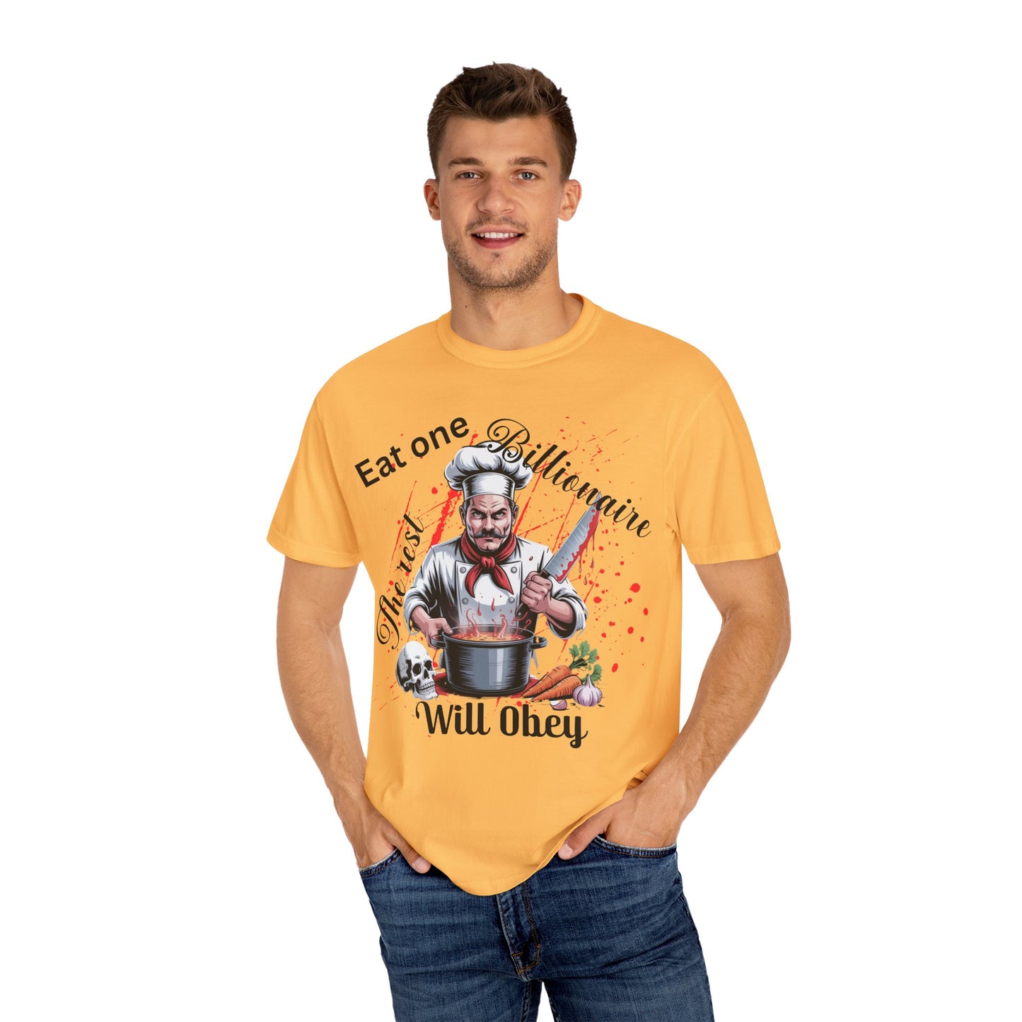 Funny Chef T-Shirt, Culinary Humor Tee, Eat One Billionaire The Rest Will Obey, Dark Satire Chef Skull Cooking Graphic T-Shirt, Anti-Capitalist Political Satire Tee
