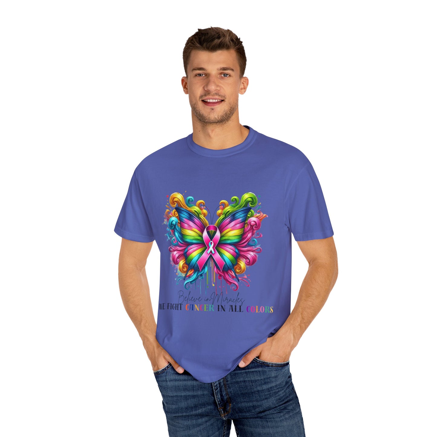 Colorful Butterfly Cancer Awareness Comfort Colors T-Shirt - Believe in Miracles, Fight Together