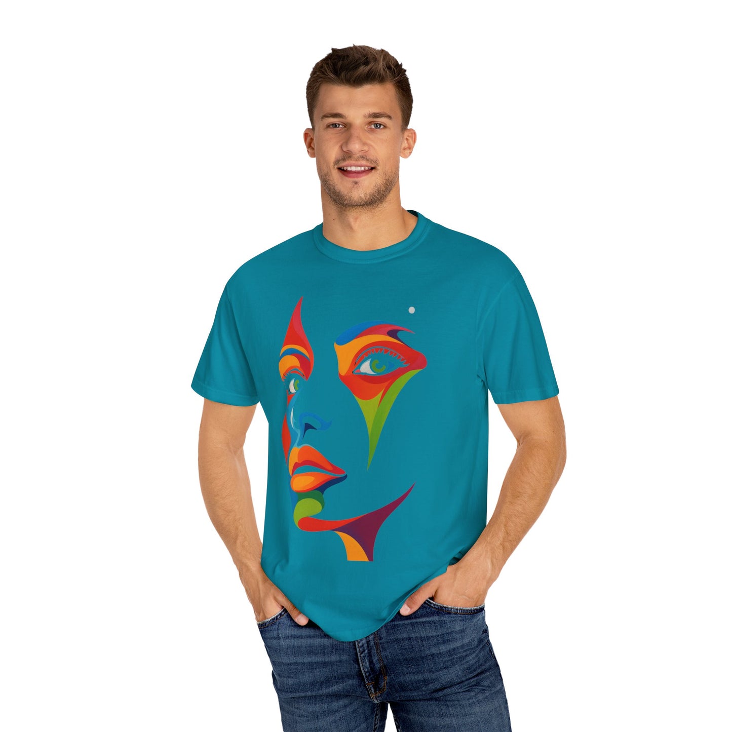 Bold Abstract Rainbow Face Art T-Shirt Colorful Expressionist Portrait Tee  Artistic Streetwear Shirt