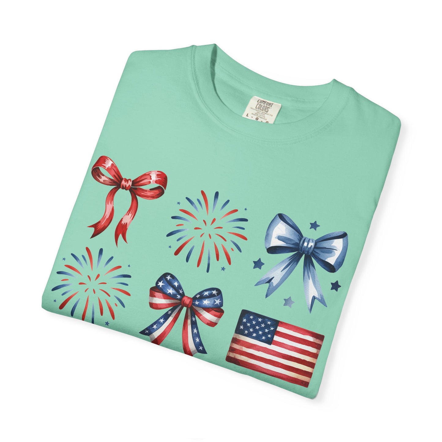 Patriotic Pride T-Shirt | 'Stars, Stripes & Bows' Americana Graphic TeeAmerican Flags, Bows, Fireworks | 4th of July & Memorial Day Graphics