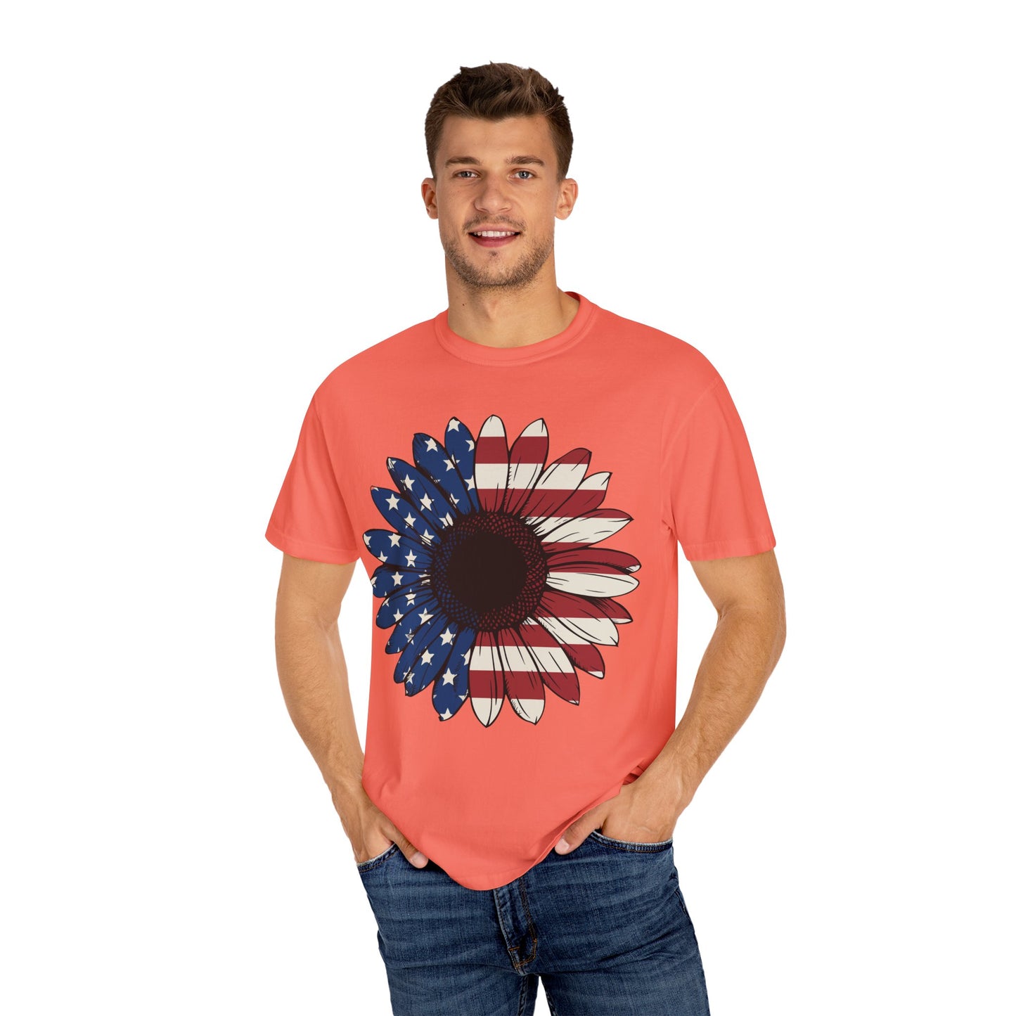 Patriotic Sun Flower Comfort ColorsT-Shirt, USA Flag Tee, Unisex Graphic T-Shirt for Independence Day, Summer Picnic, Gift for Americans