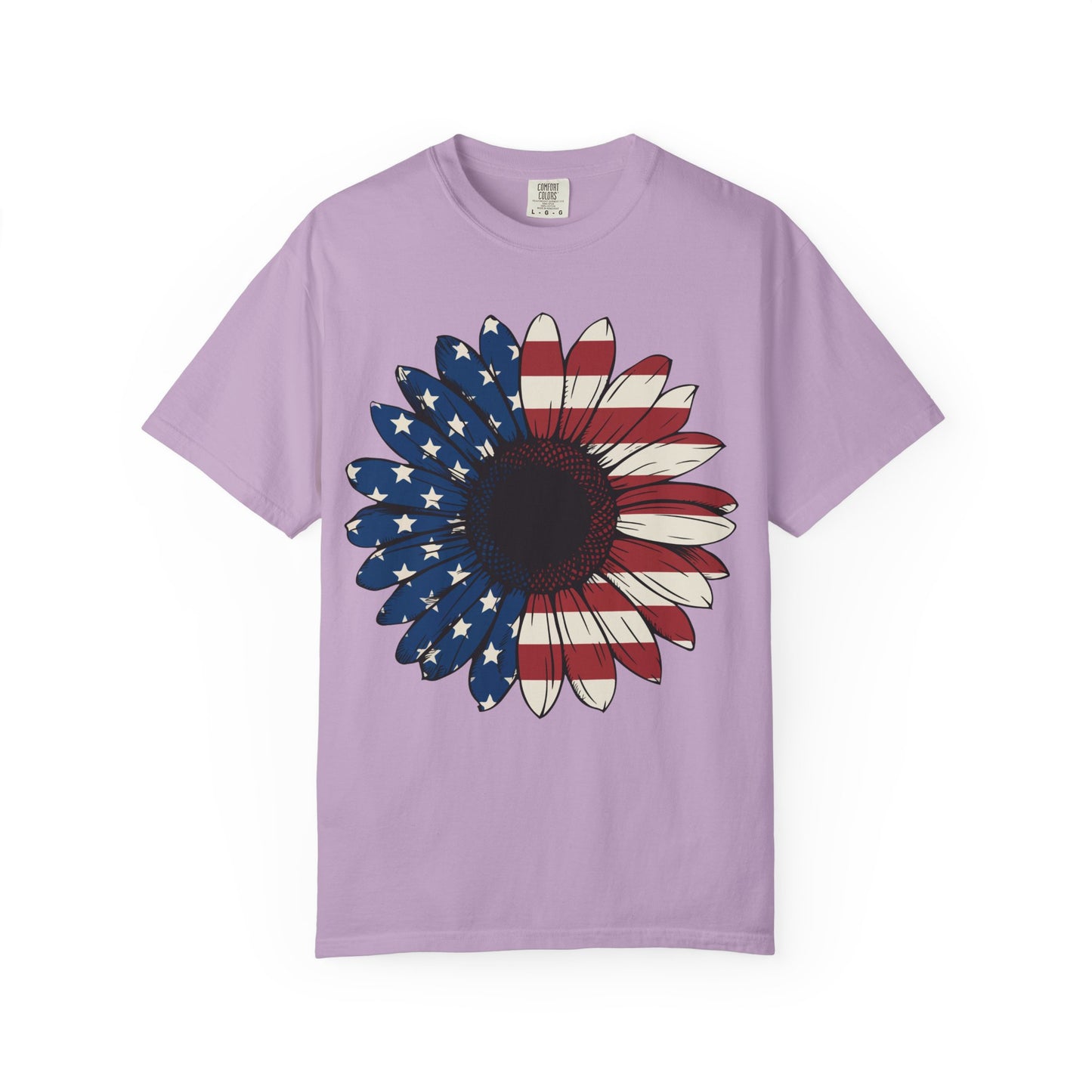Patriotic Sun Flower Comfort ColorsT-Shirt, USA Flag Tee, Unisex Graphic T-Shirt for Independence Day, Summer Picnic, Gift for Americans