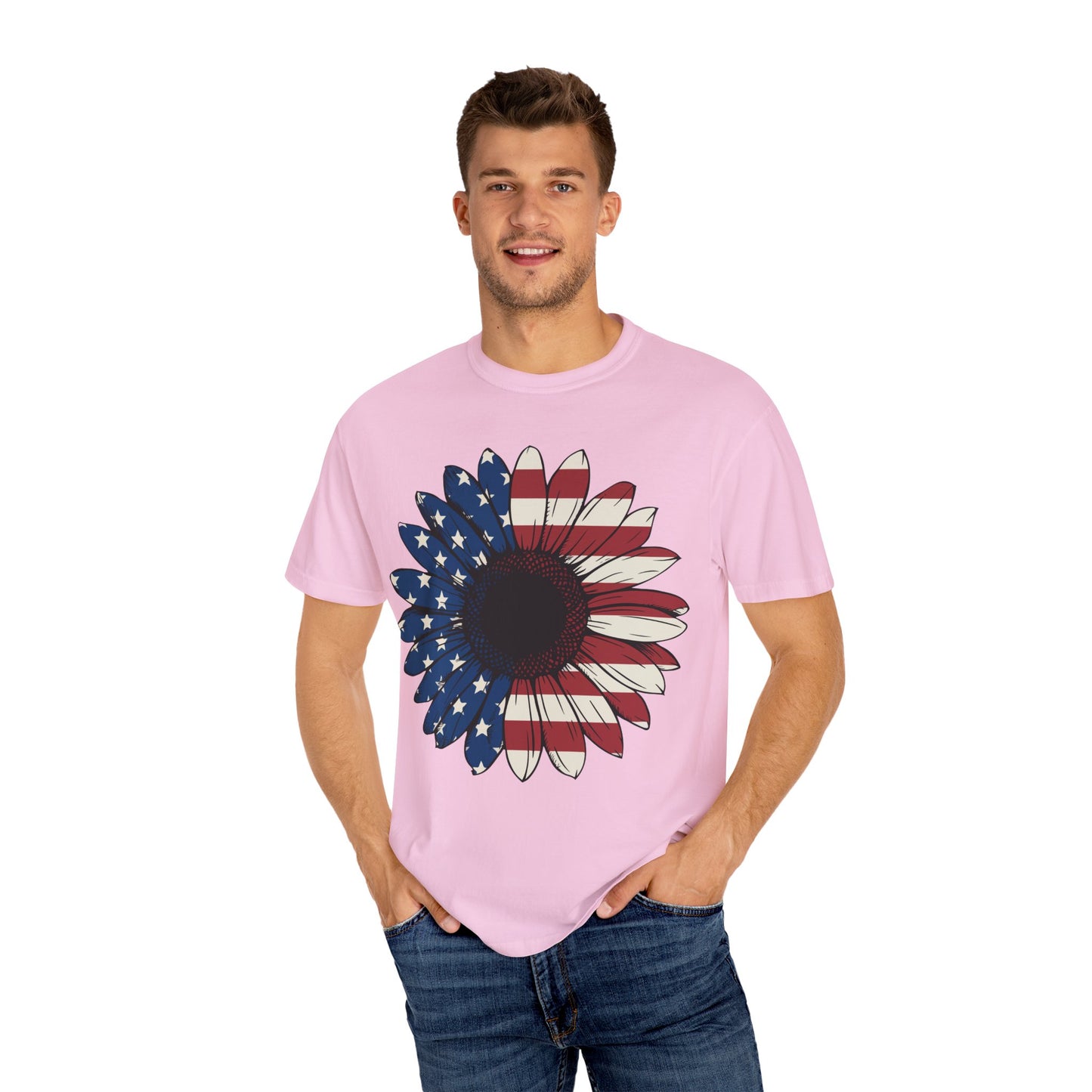 Patriotic Sun Flower Comfort ColorsT-Shirt, USA Flag Tee, Unisex Graphic T-Shirt for Independence Day, Summer Picnic, Gift for Americans