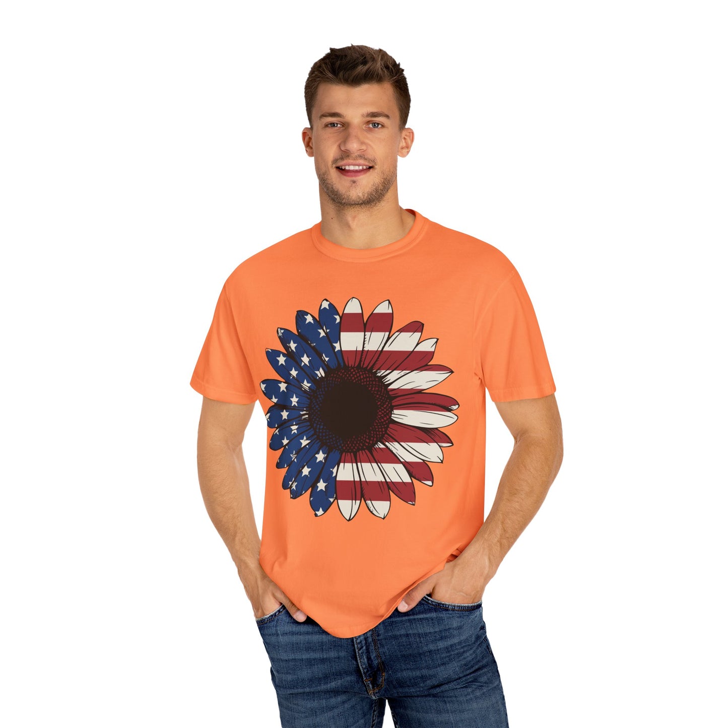 Patriotic Sun Flower Comfort ColorsT-Shirt, USA Flag Tee, Unisex Graphic T-Shirt for Independence Day, Summer Picnic, Gift for Americans