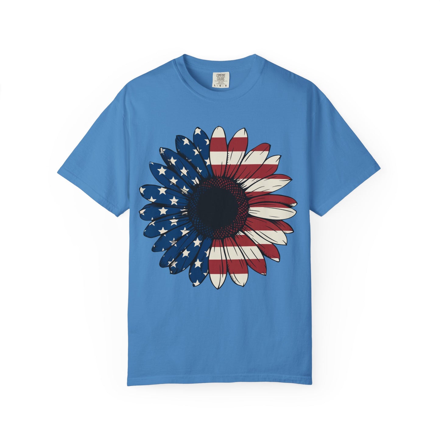 Patriotic Sun Flower Comfort ColorsT-Shirt, USA Flag Tee, Unisex Graphic T-Shirt for Independence Day, Summer Picnic, Gift for Americans