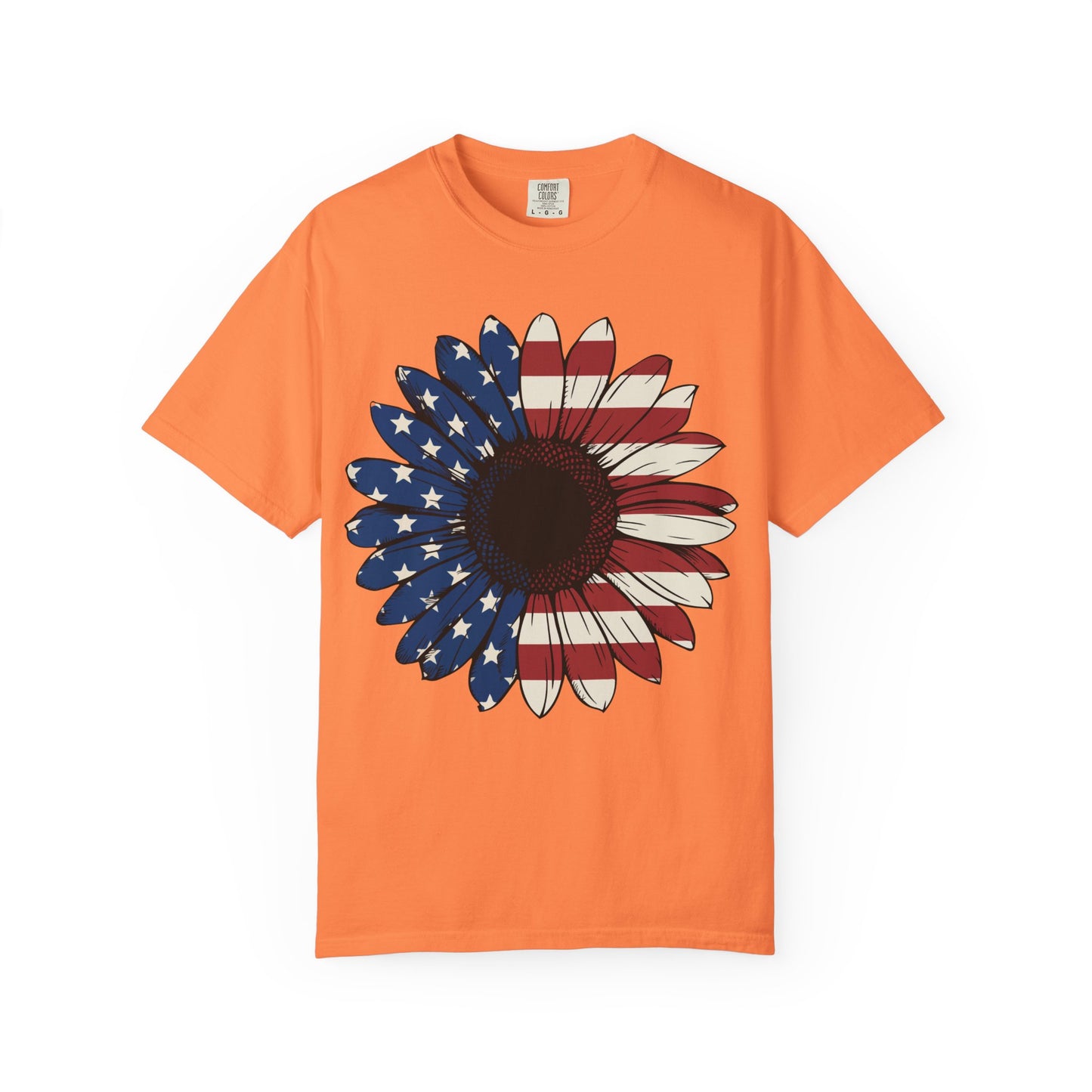 Patriotic Sun Flower Comfort ColorsT-Shirt, USA Flag Tee, Unisex Graphic T-Shirt for Independence Day, Summer Picnic, Gift for Americans
