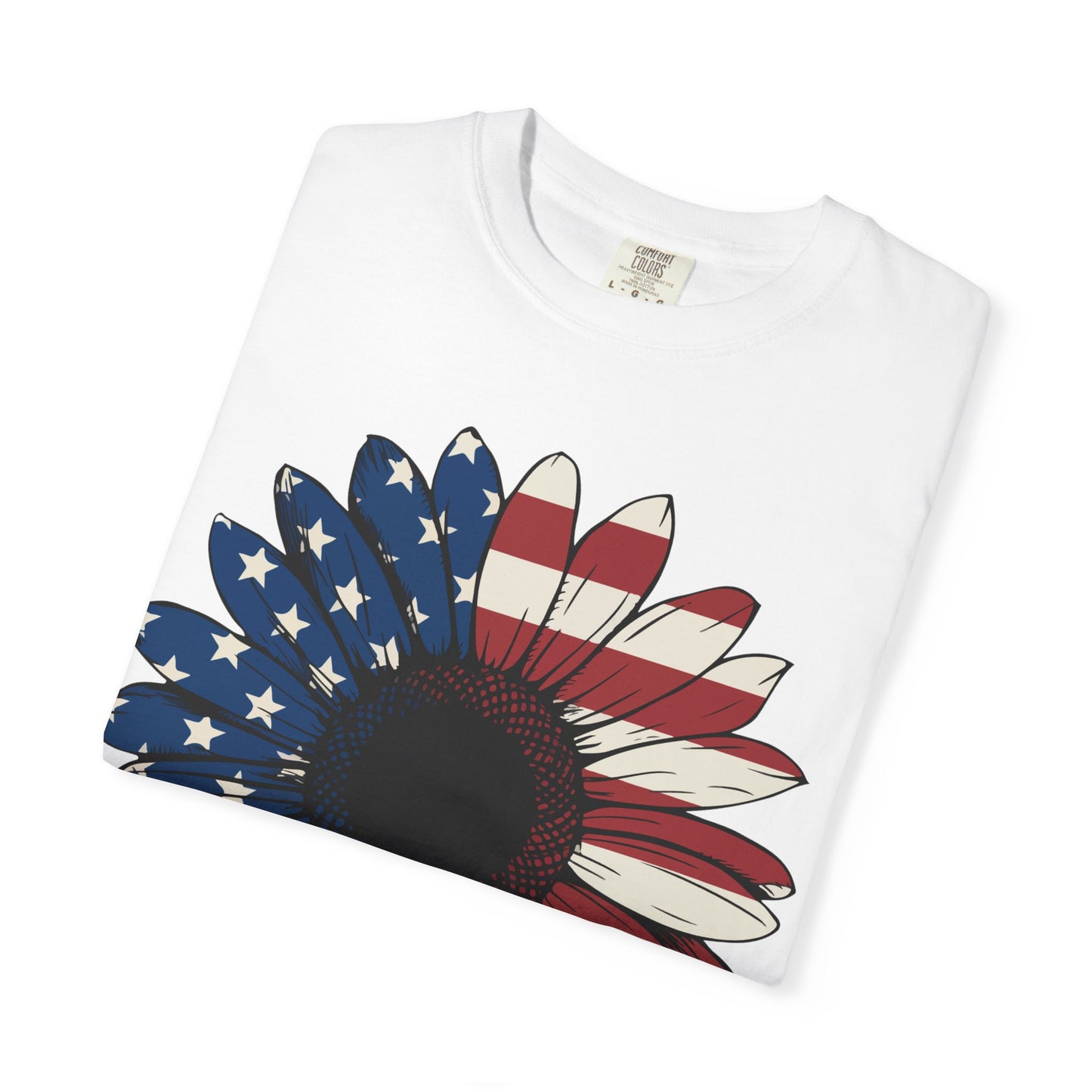 Patriotic Sun Flower Comfort ColorsT-Shirt, USA Flag Tee, Unisex Graphic T-Shirt for Independence Day, Summer Picnic, Gift for Americans