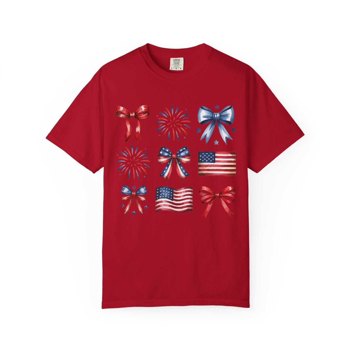Patriotic Pride T-Shirt | 'Stars, Stripes & Bows' Americana Graphic TeeAmerican Flags, Bows, Fireworks | 4th of July & Memorial Day Graphics