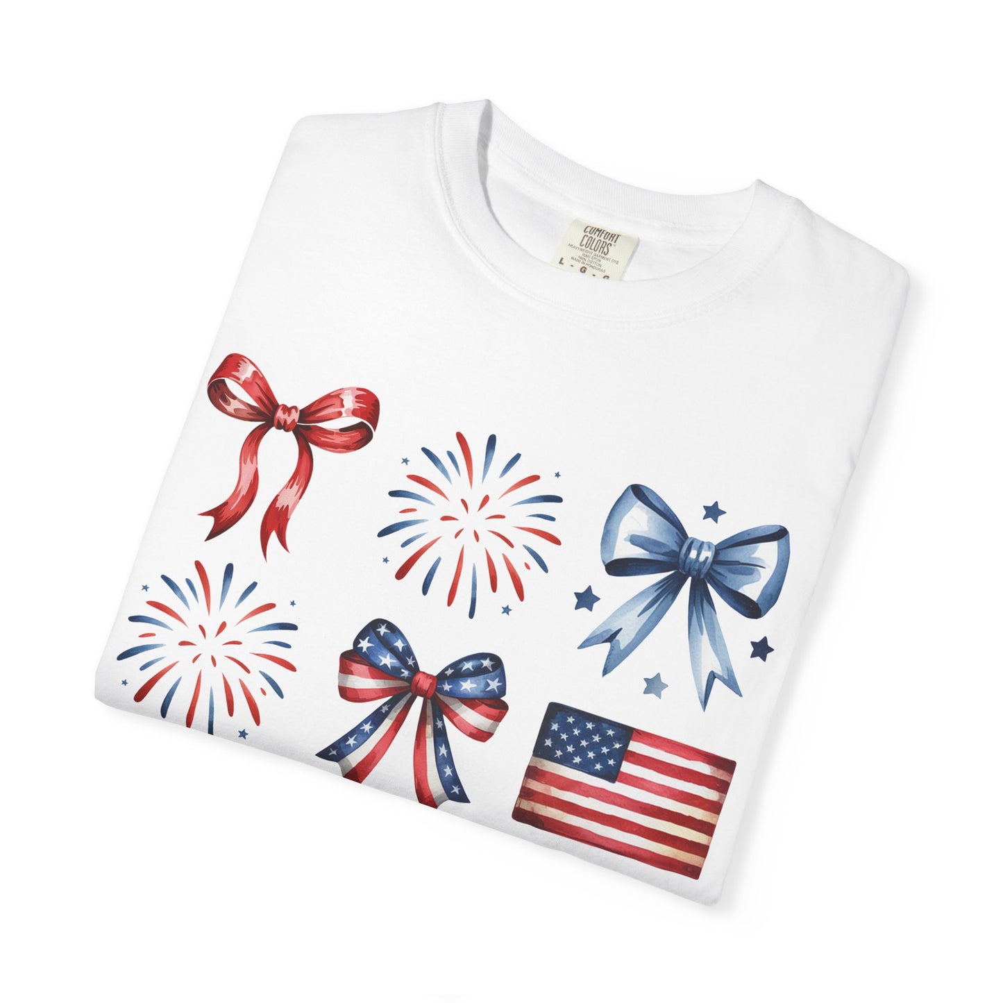 Patriotic Pride T-Shirt | 'Stars, Stripes & Bows' Americana Graphic TeeAmerican Flags, Bows, Fireworks | 4th of July & Memorial Day Graphics