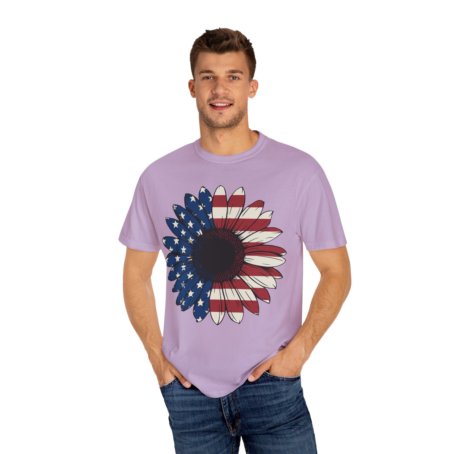 Patriotic Sun Flower Comfort ColorsT-Shirt, USA Flag Tee, Unisex Graphic T-Shirt for Independence Day, Summer Picnic, Gift for Americans