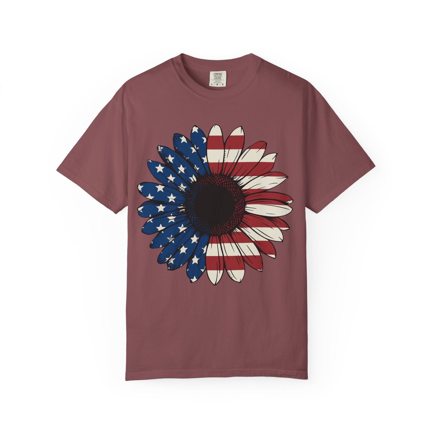 Patriotic Sun Flower Comfort ColorsT-Shirt, USA Flag Tee, Unisex Graphic T-Shirt for Independence Day, Summer Picnic, Gift for Americans
