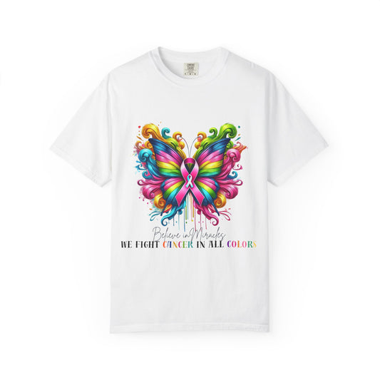 Colorful Butterfly Cancer Awareness Comfort Colors T-Shirt - Believe in Miracles, Fight Together
