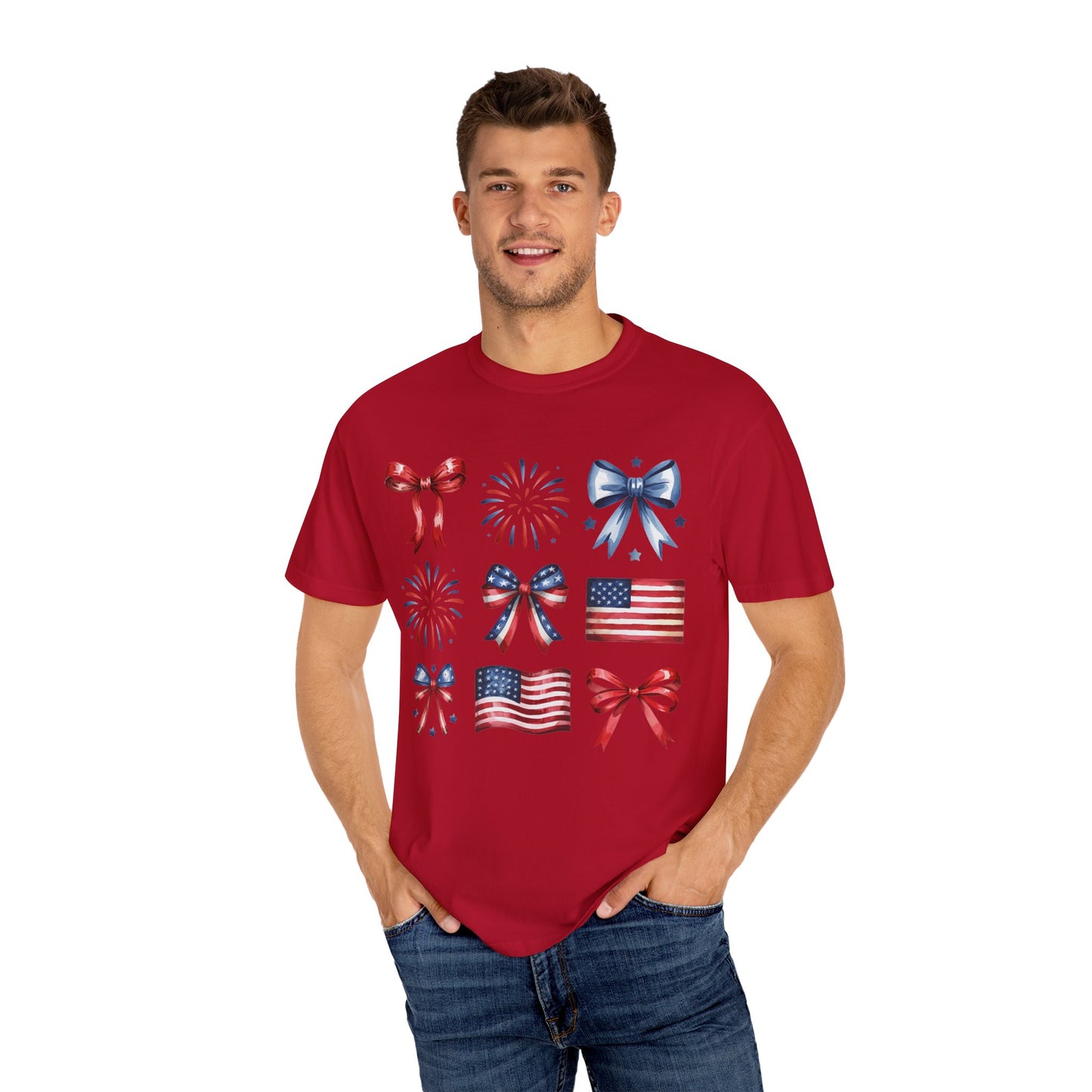 Patriotic Pride T-Shirt | 'Stars, Stripes & Bows' Americana Graphic TeeAmerican Flags, Bows, Fireworks | 4th of July & Memorial Day Graphics