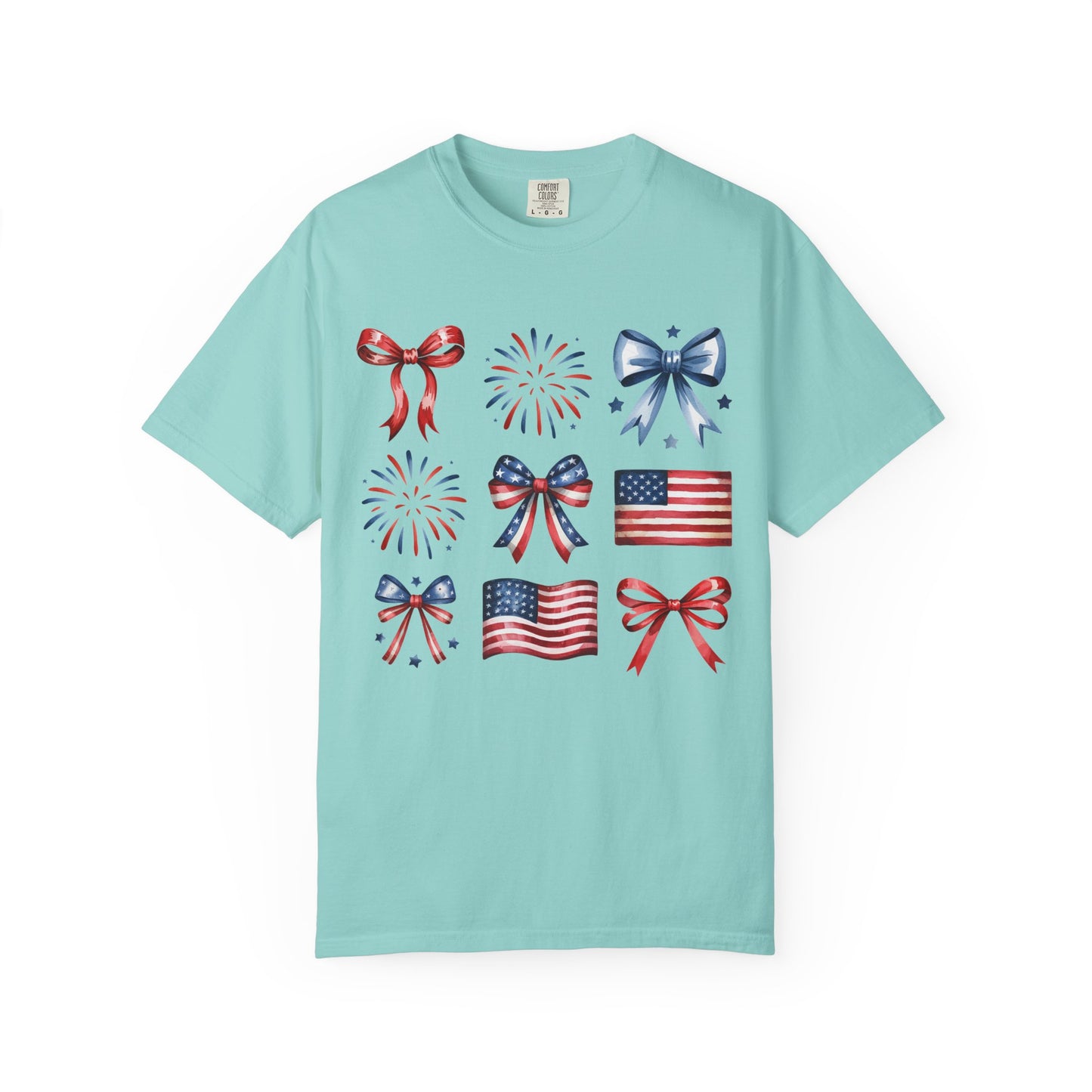 Patriotic Pride T-Shirt | 'Stars, Stripes & Bows' Americana Graphic TeeAmerican Flags, Bows, Fireworks | 4th of July & Memorial Day Graphics