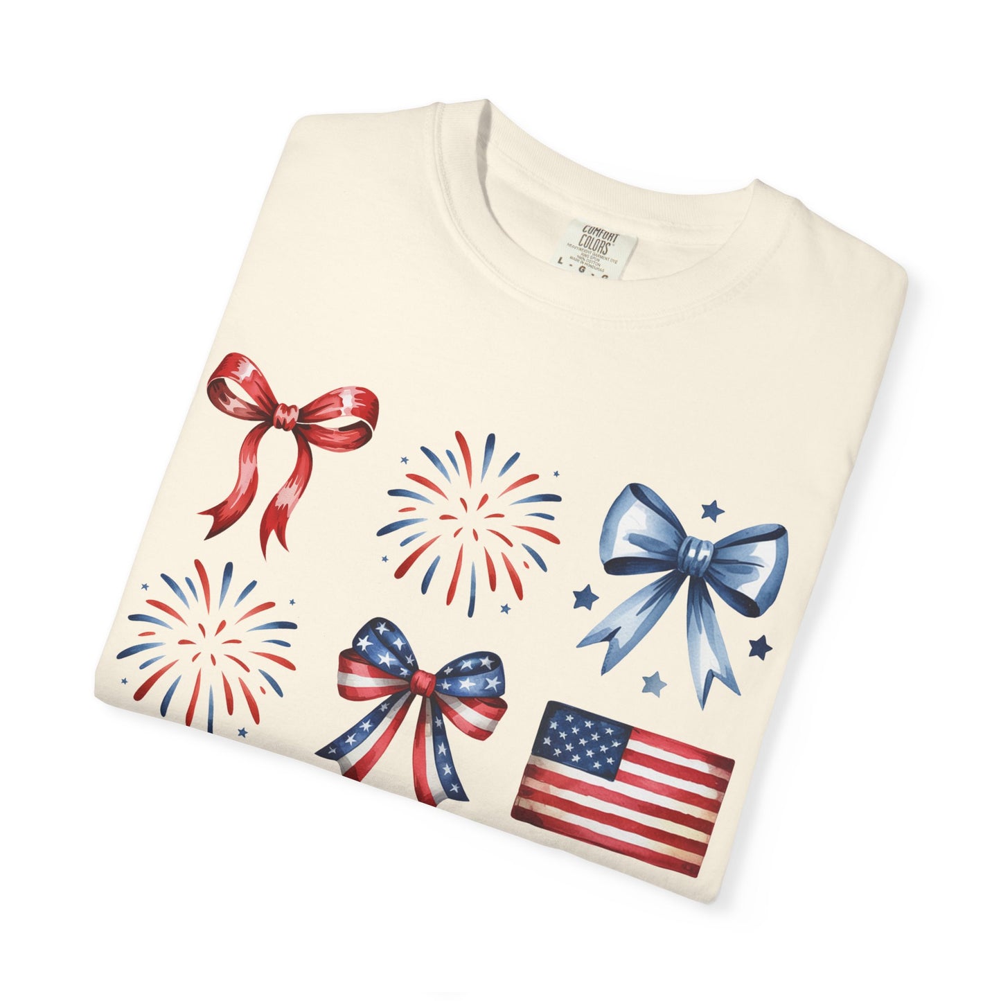 Patriotic Pride T-Shirt | 'Stars, Stripes & Bows' Americana Graphic TeeAmerican Flags, Bows, Fireworks | 4th of July & Memorial Day Graphics